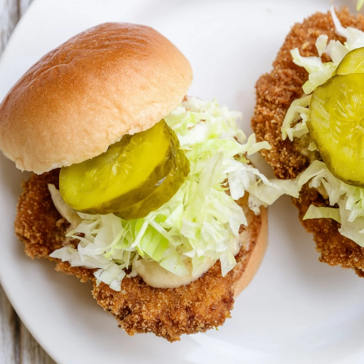 Homemade crispy chicken burger topped with shredded lettuce pickles and zesty mayonnaise mustard sauce on brioche