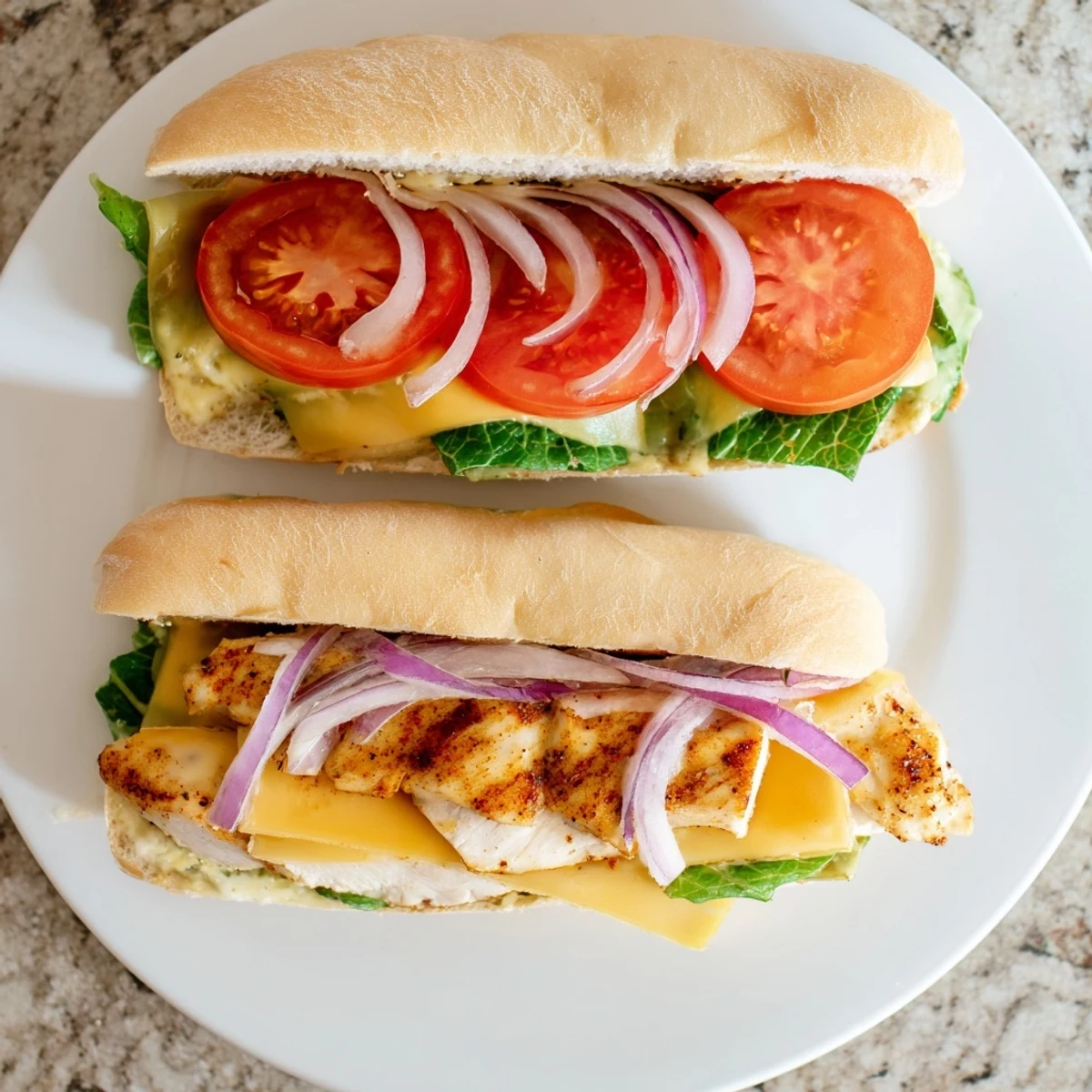 Juicy grilled chicken sandwich stacked with crisp lettuce tomato and melted cheddar on a toasted bun