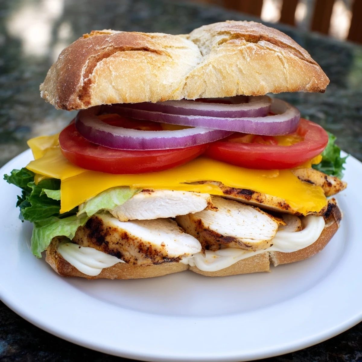 Golden grilled chicken sandwich layered with red onion slices ripe tomato and crispy romaine lettuce