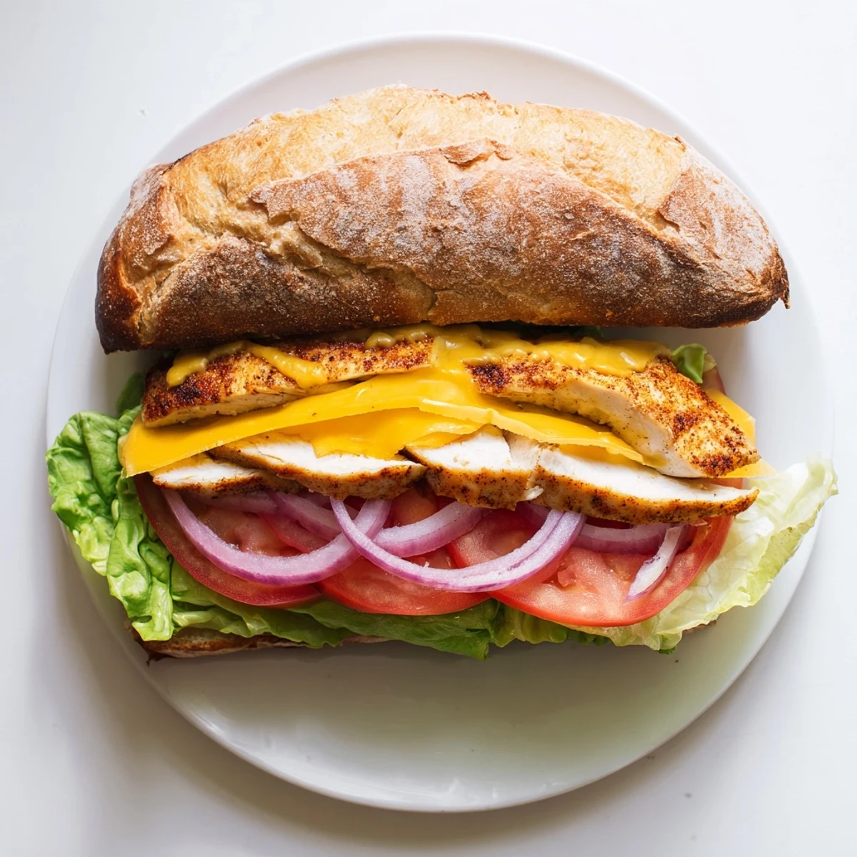 Homemade grilled chicken sandwich featuring seasoned grilled breast fresh vegetables and creamy Dijon mayonnaise spread