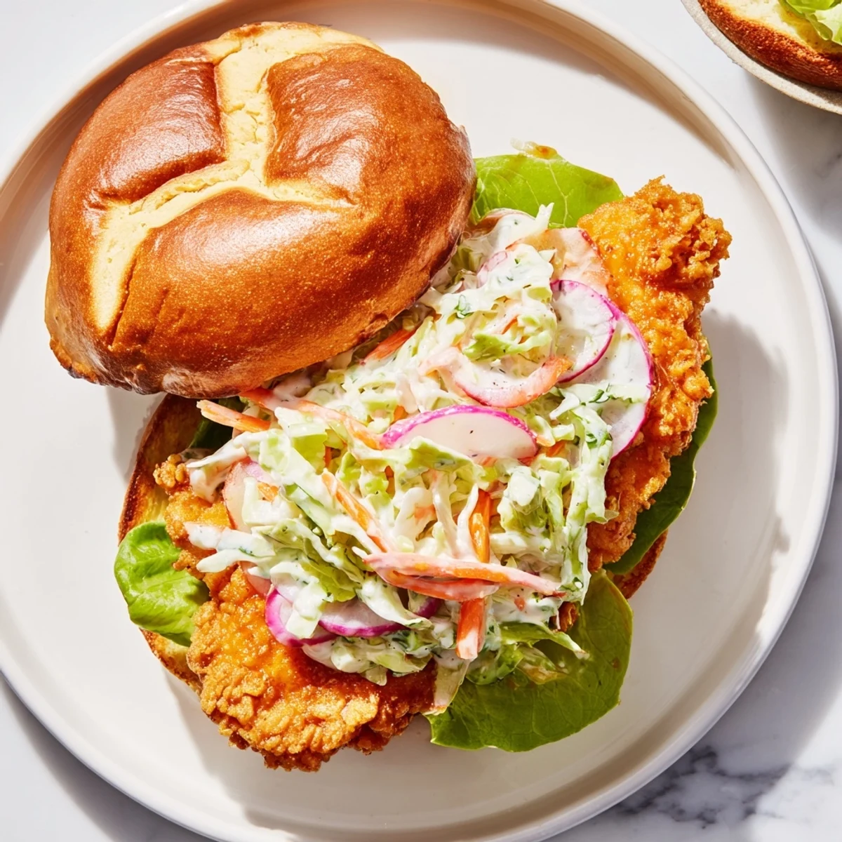 Golden crispy buffalo chicken sandwich topped with cool creamy ranch slaw on toasted brioche bun