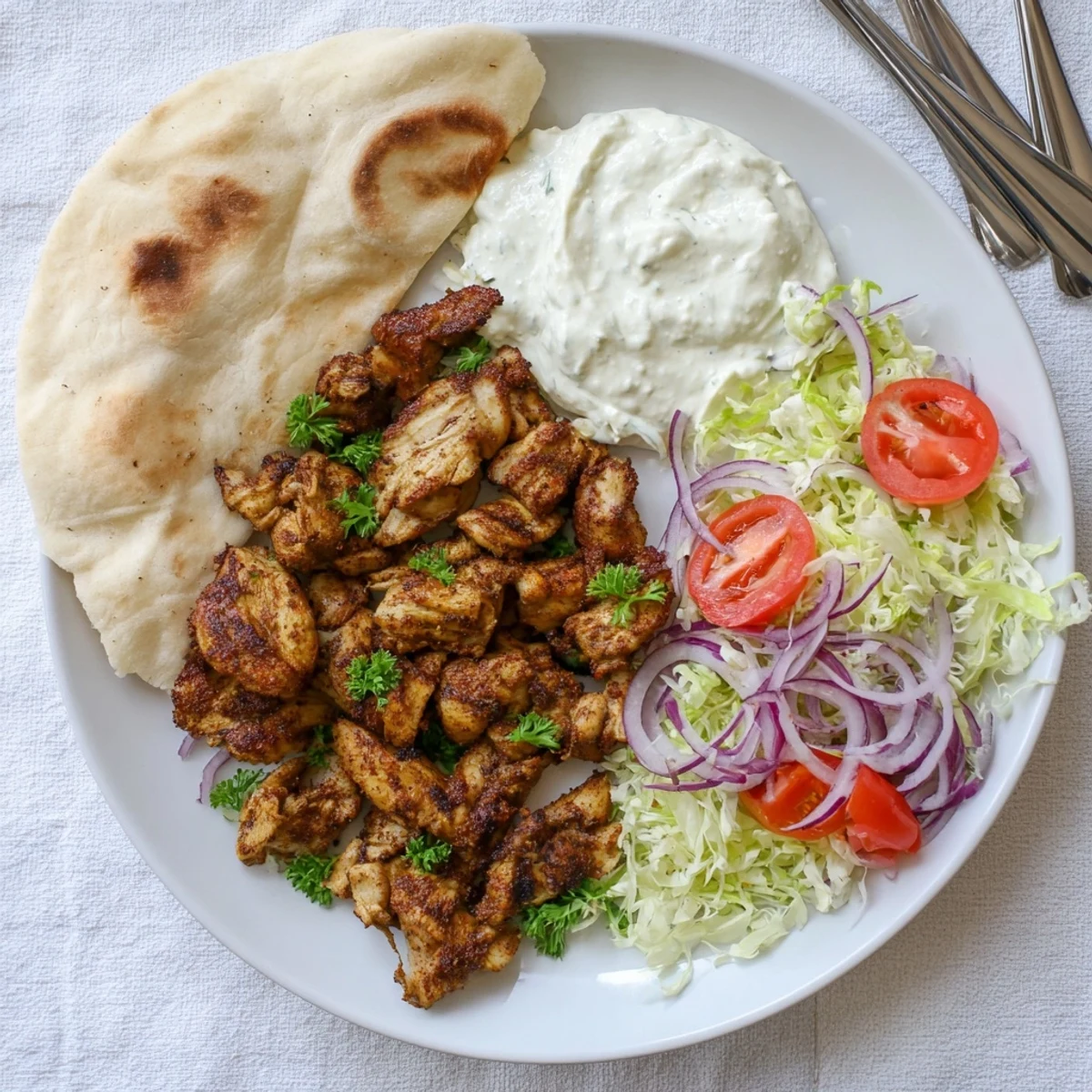 Golden spiced chicken shawarma slices drizzled with creamy white garlic sauce on a platter