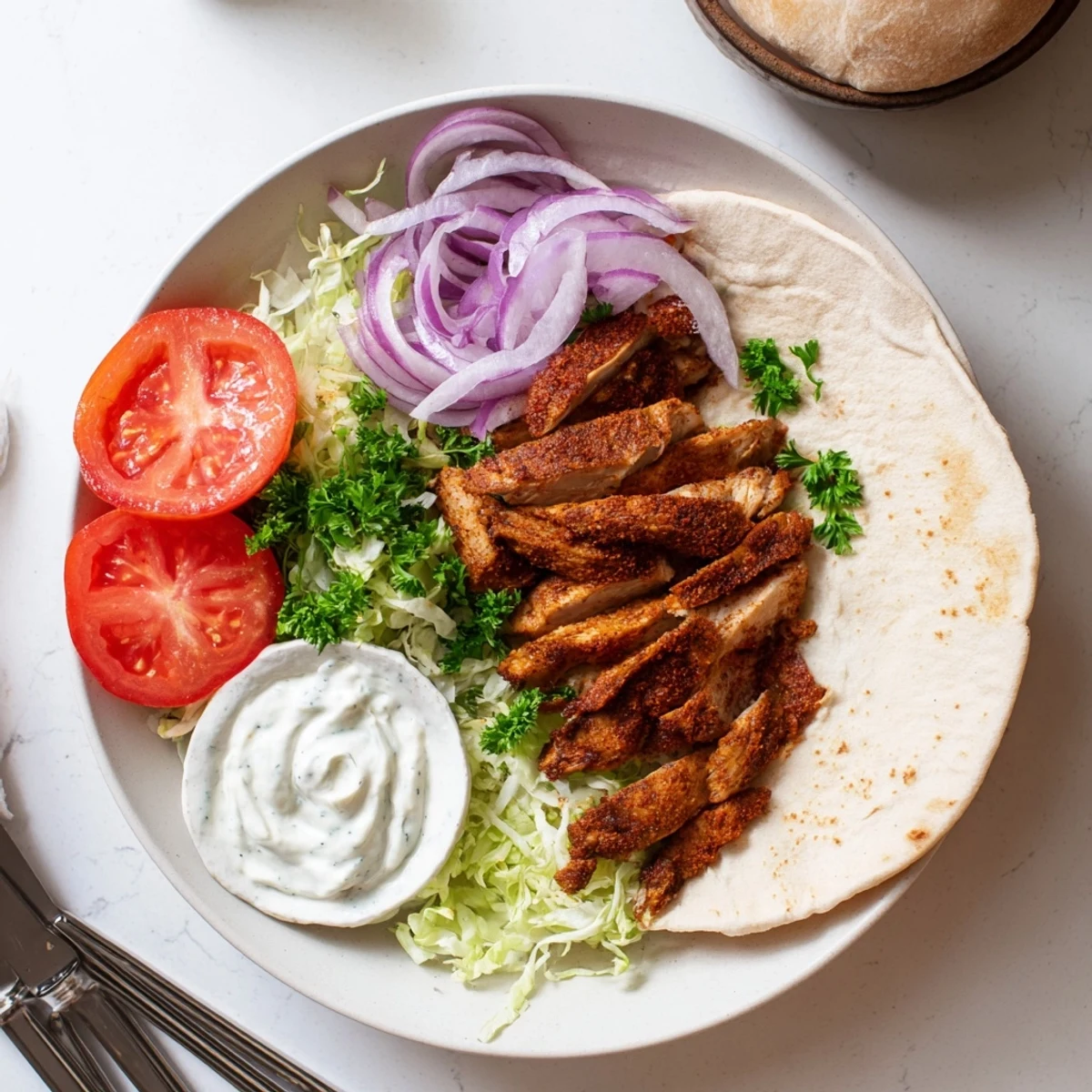 Succulent grilled chicken shawarma wrapped in warm pita with fresh lettuce and zesty garlic sauce