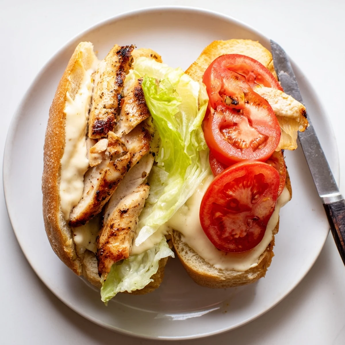 Toasted garlic chicken sandwich with juicy grilled breast, crisp lettuce, tomatoes, and creamy garlic mayo