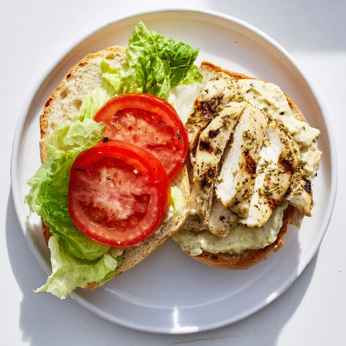 Golden grilled garlic chicken sandwich layered with fresh vegetables on a warm toasted bun