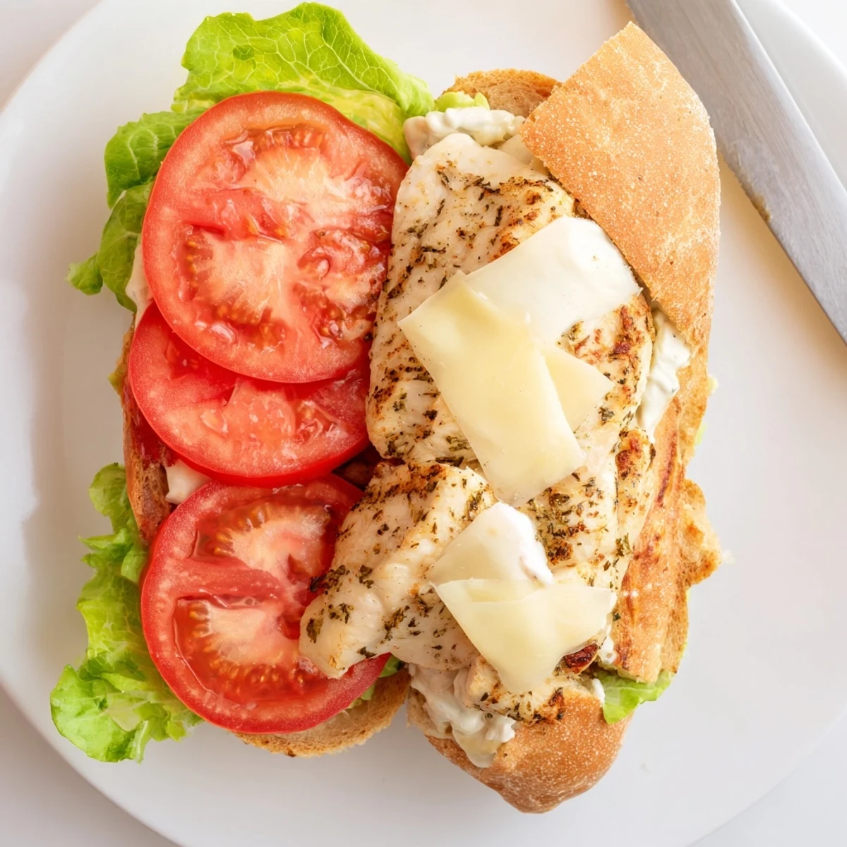 Homemade garlic chicken sandwich featuring marinated grilled chicken topped with melted cheese and crisp toppings