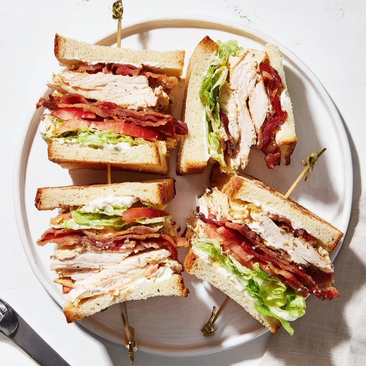 Homemade chicken club sandwiches stacked with crispy bacon lettuce and ripe tomato slices