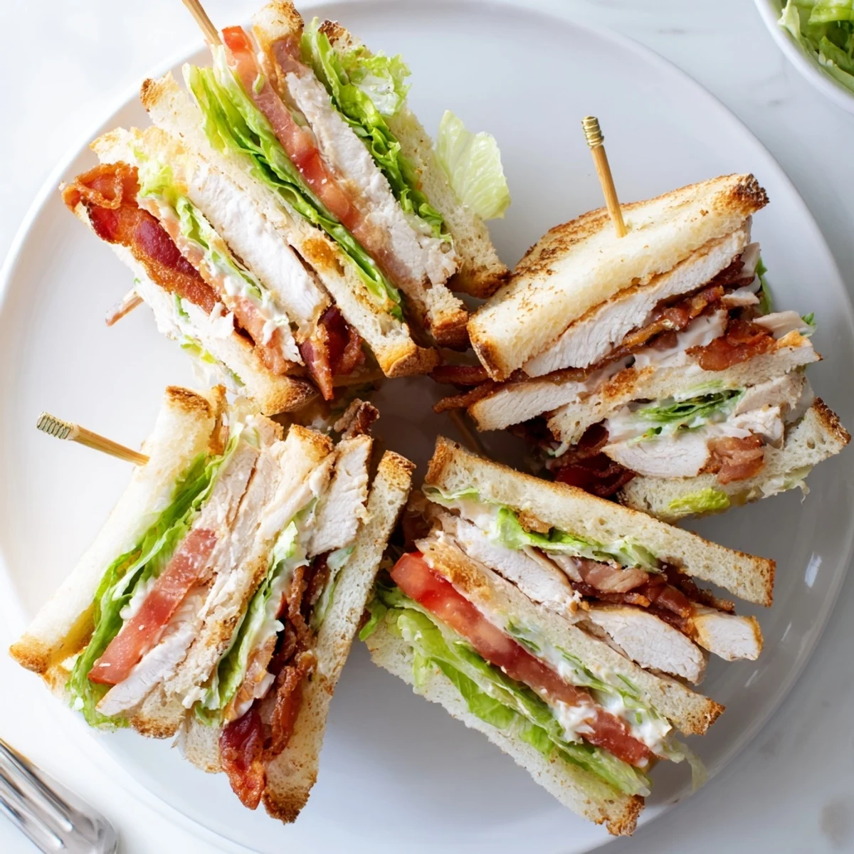 Classic chicken club sandwiches cut diagonally showcasing layered bacon chicken and crisp lettuce