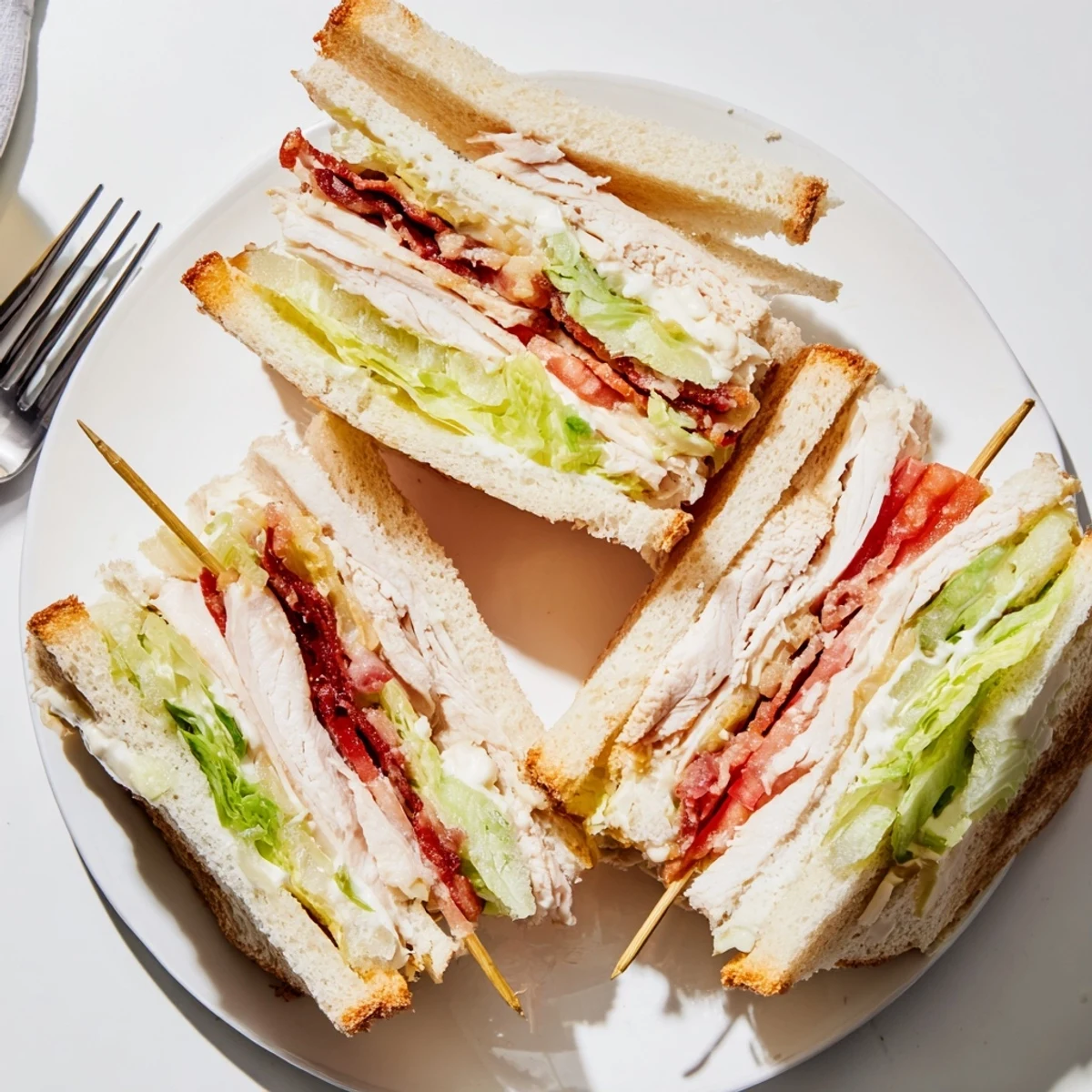 Triple-decker chicken club sandwiches featuring grilled chicken fresh vegetables and toasted white bread
