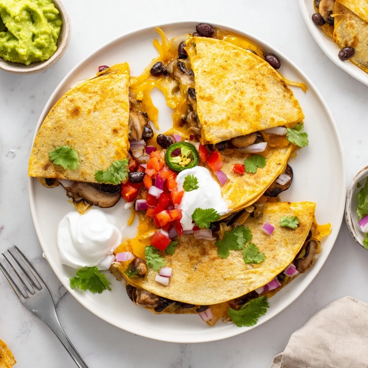 Golden quesadillas with melted cheddar and Monterey Jack cheese spilling from crispy flour tortillas