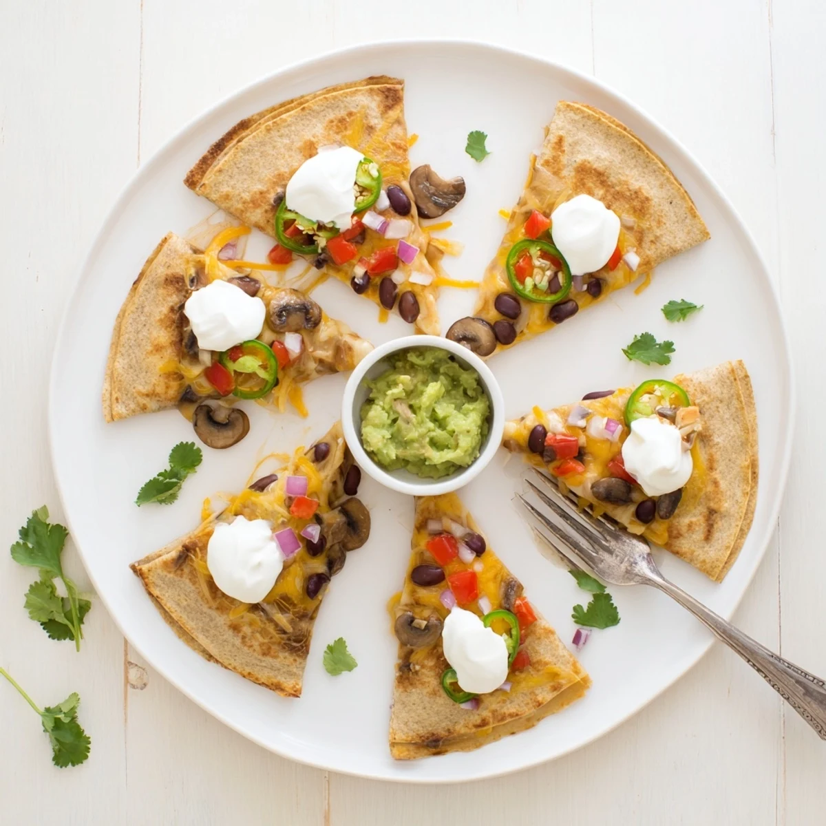Mexican quesadillas cut into wedges and served with sour cream salsa and fresh guacamole