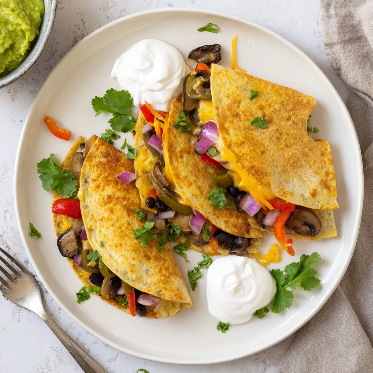 Crispy tortilla quesadillas bubbling with melted cheese and colorful bell peppers on a wooden board