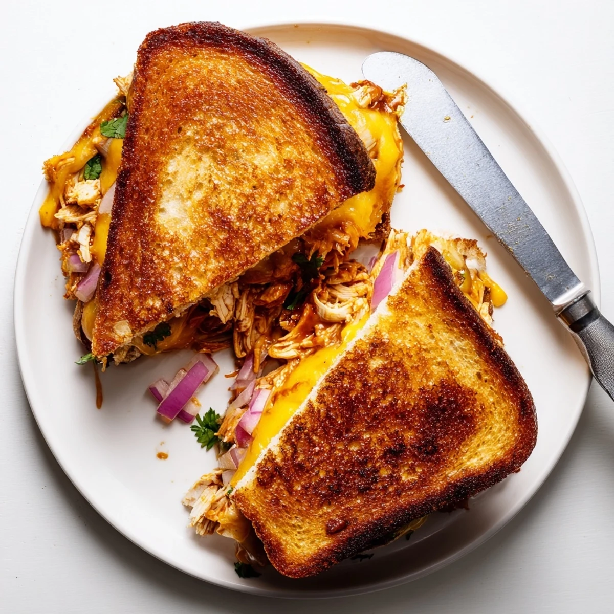 Golden BBQ chicken grilled cheese sandwich with melted cheddar and mozzarella on crispy sourdough bread