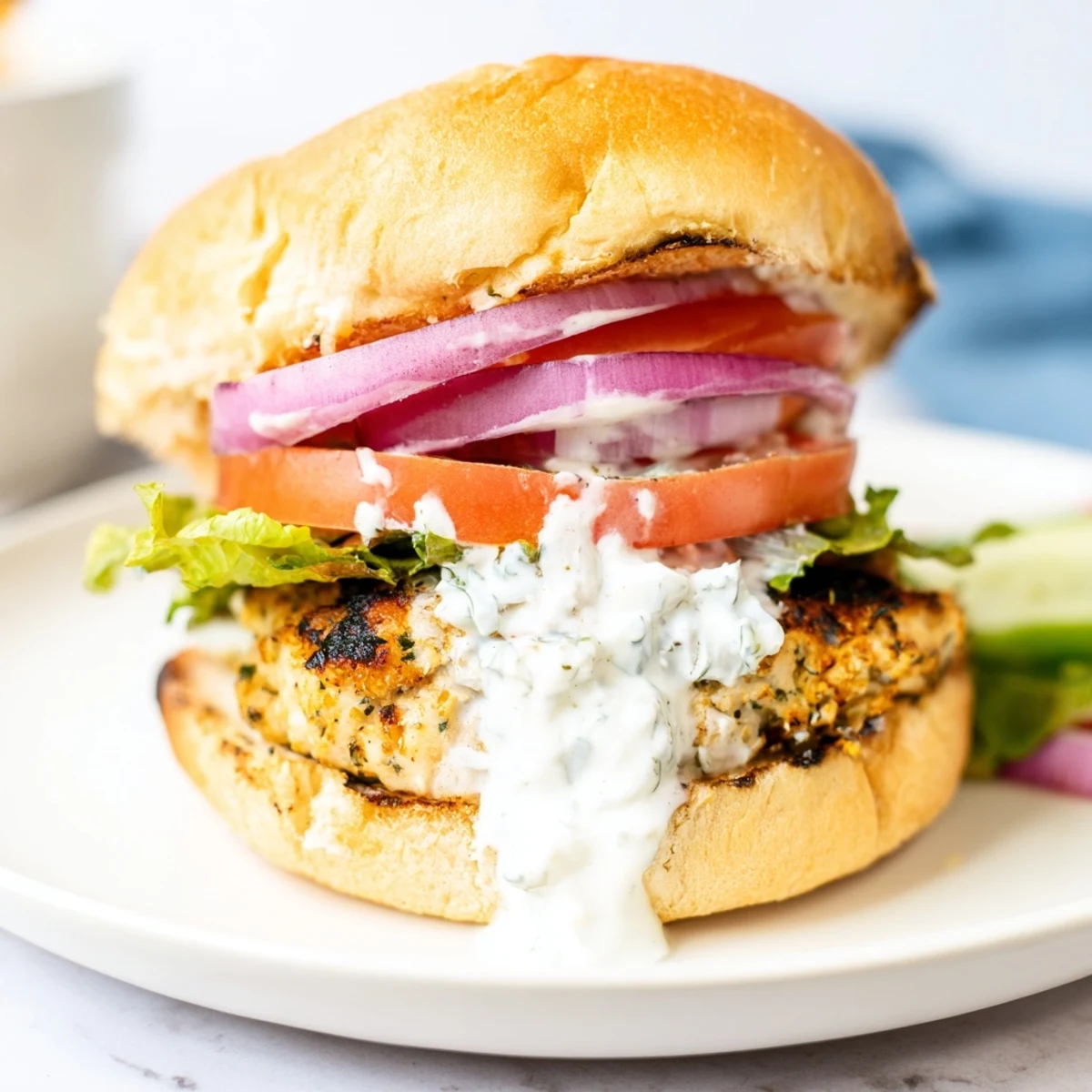 Succulent grilled chicken patties seasoned with Mediterranean herbs served on fluffy buns with cool yogurt sauce