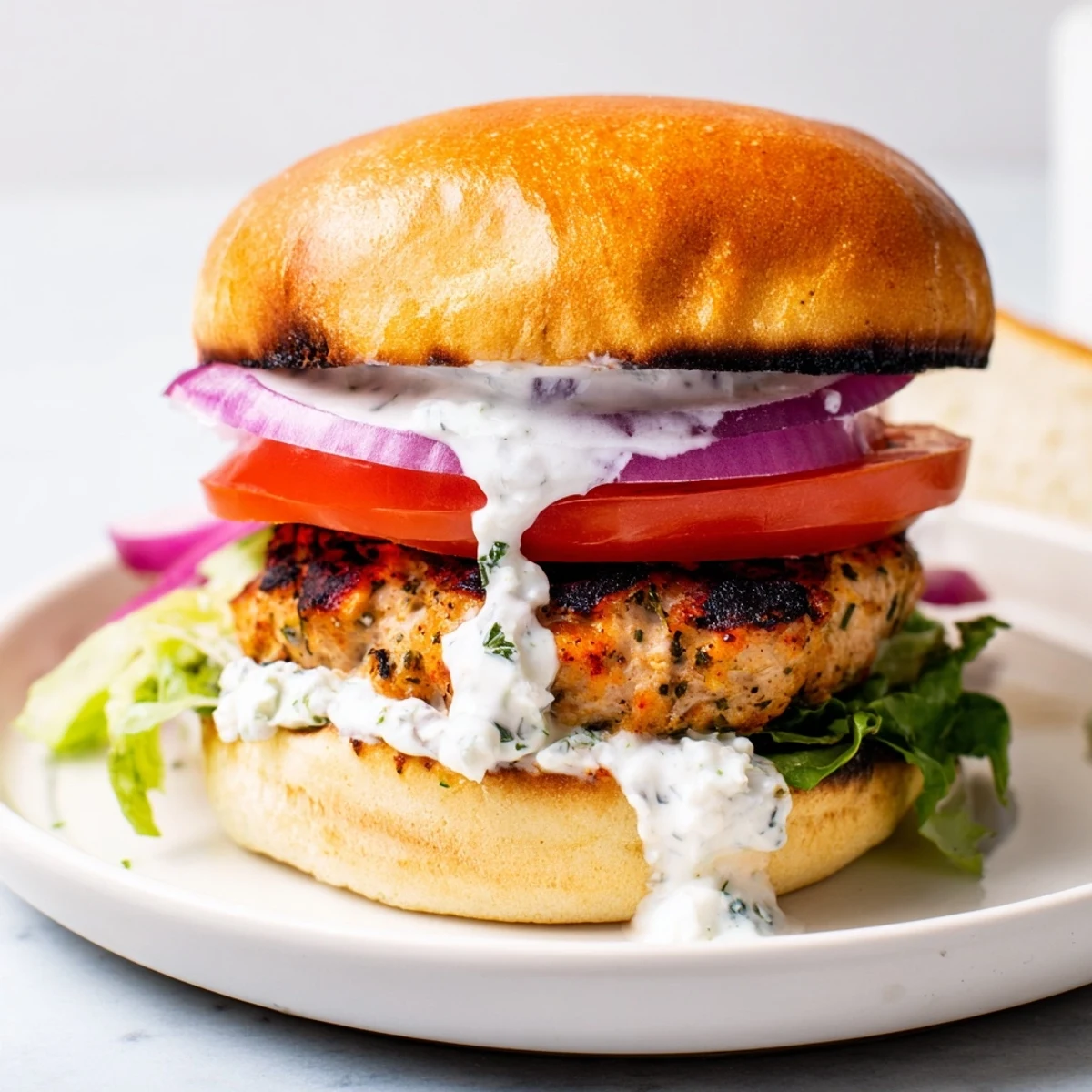 Golden Greek chicken burgers with creamy tzatziki sauce and fresh vegetable toppings on toasted buns