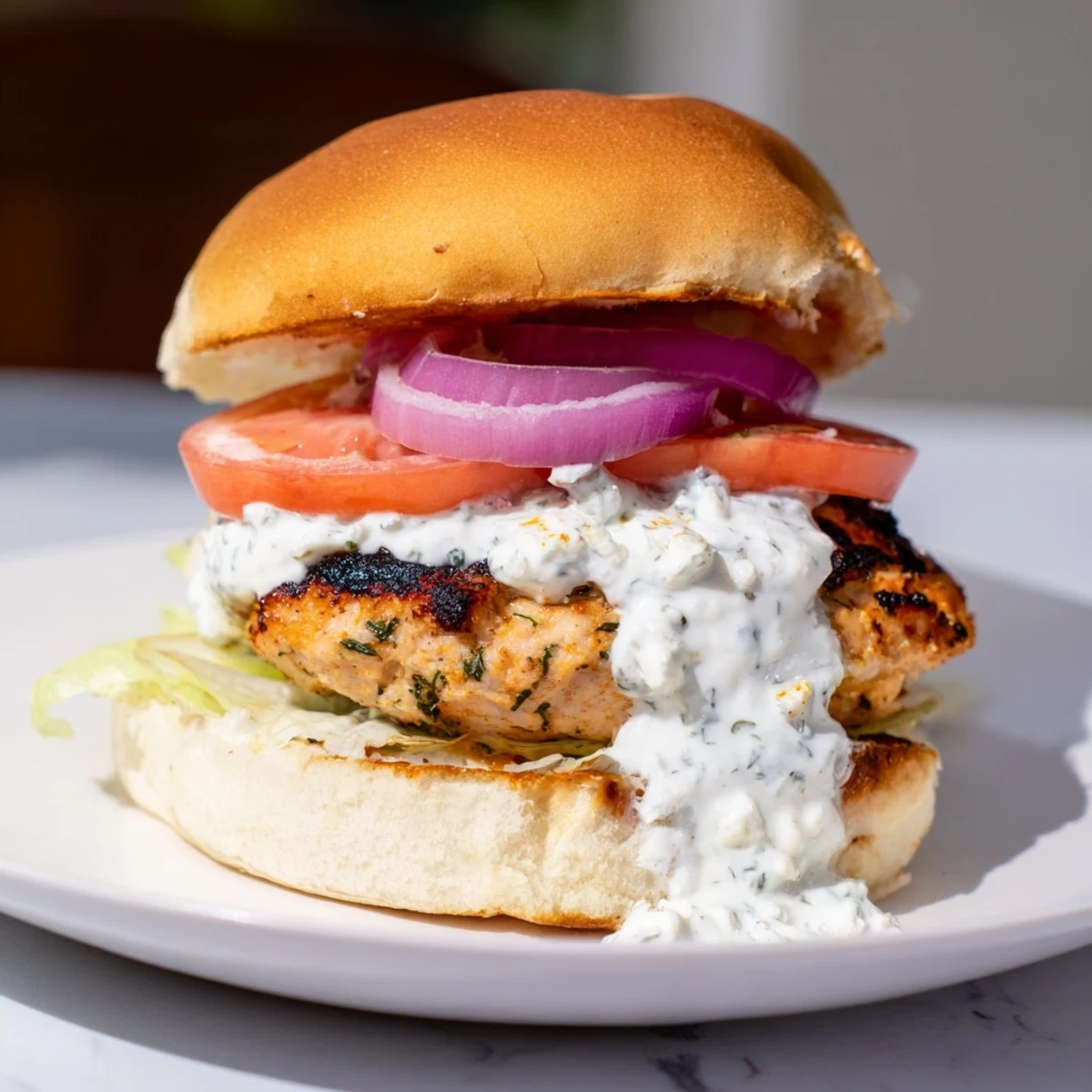 Homemade Greek chicken burgers featuring feta-crusted patties topped with tangy tzatziki and crisp lettuce layers