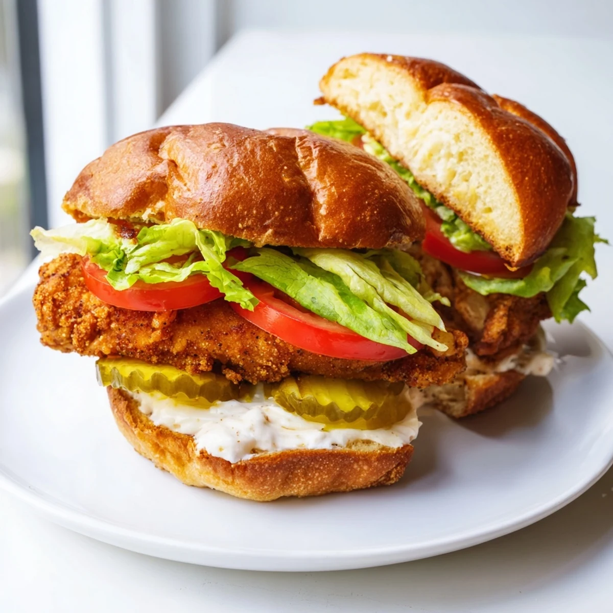 Spicy crispy chicken sandwich layered with fresh lettuce tomato and tangy pickles