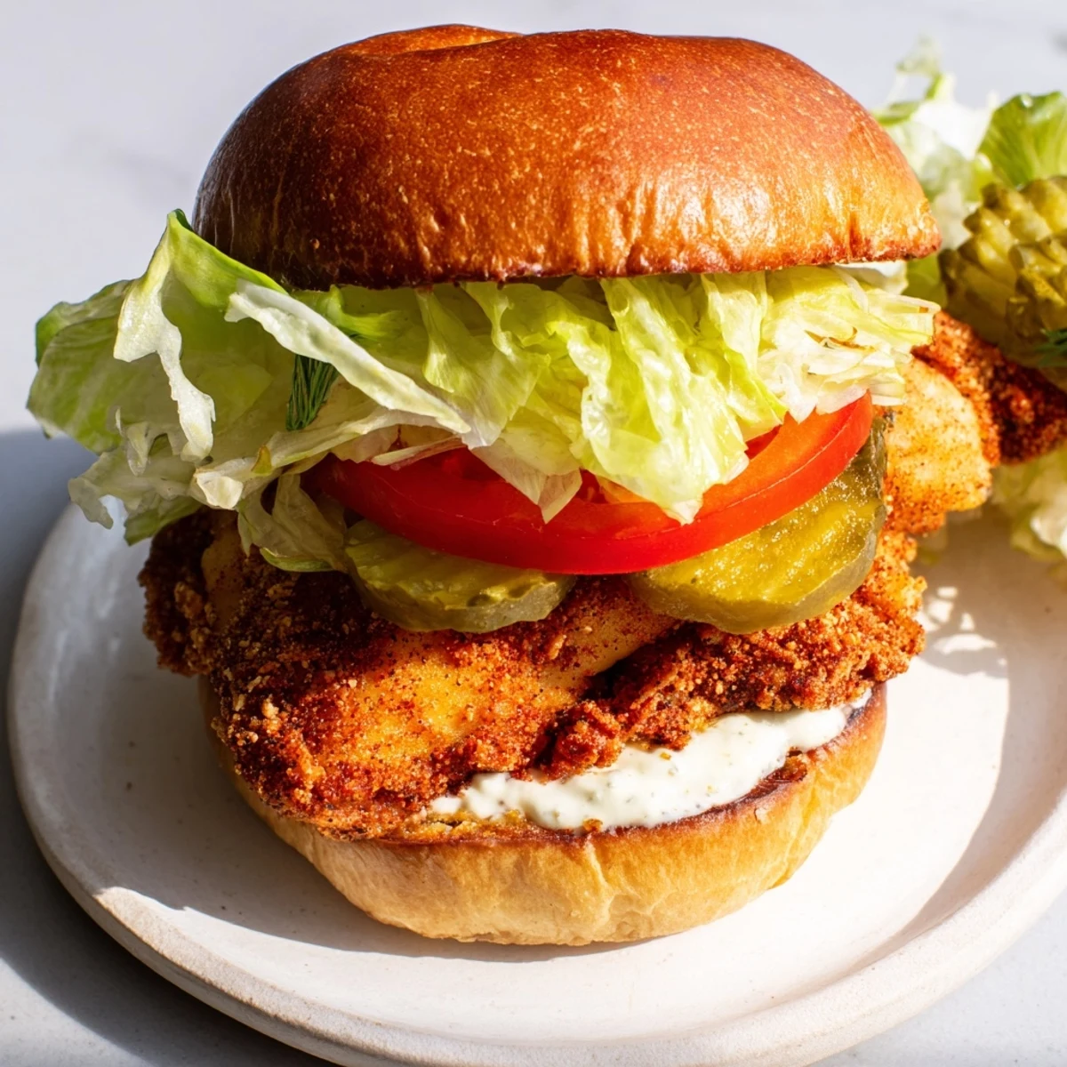 Homemade Cajun crispy chicken sandwich with creamy garlic aioli and crisp vegetables