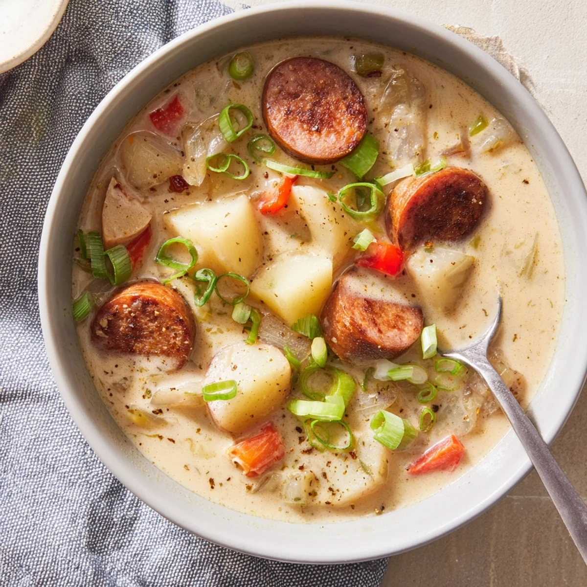 Creamy spicy Cajun potato soup topped with sliced green onions and chunks of andouille sausage