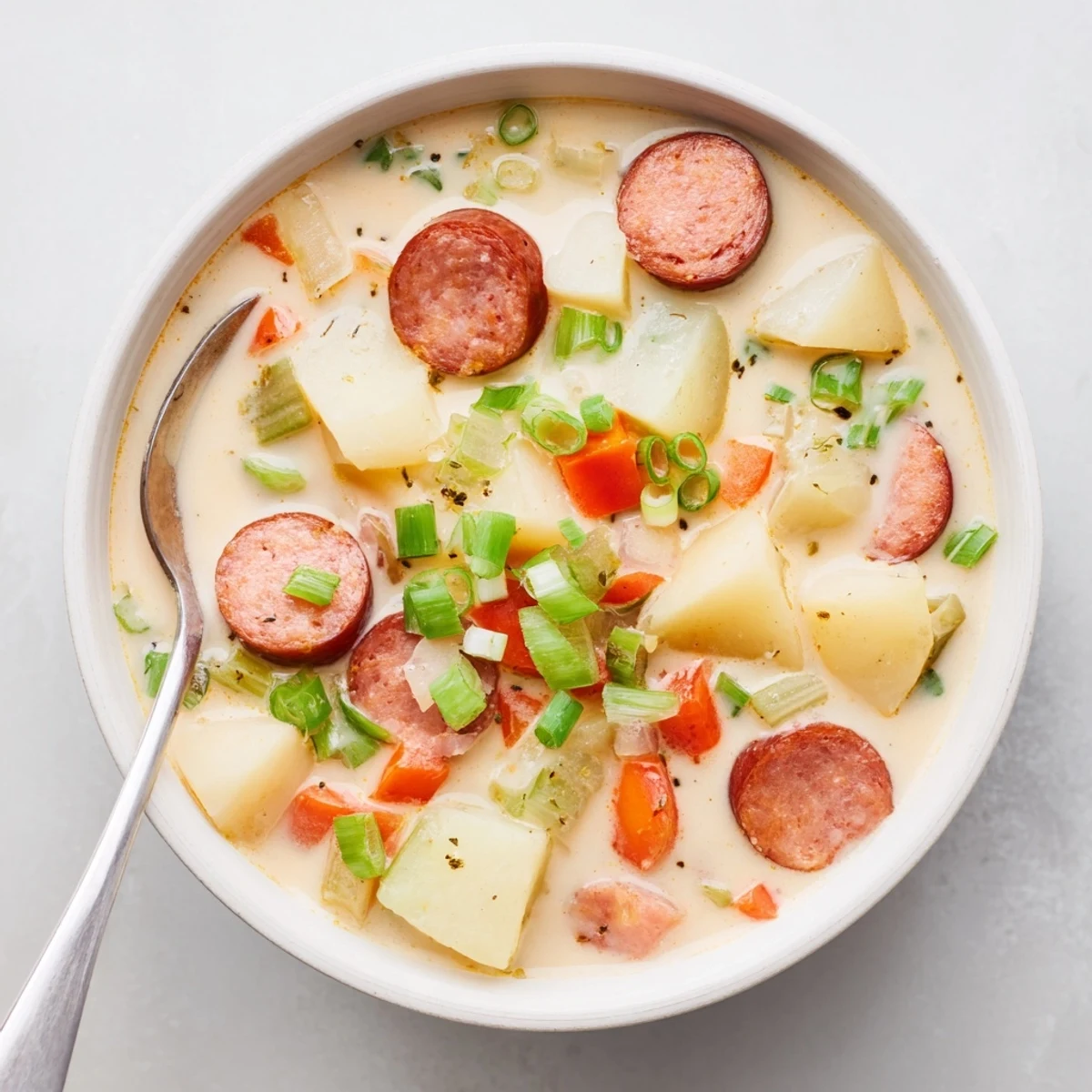 Rustic bowl of spicy Cajun potato soup with tender potatoes, colorful vegetables, and smoky sausage