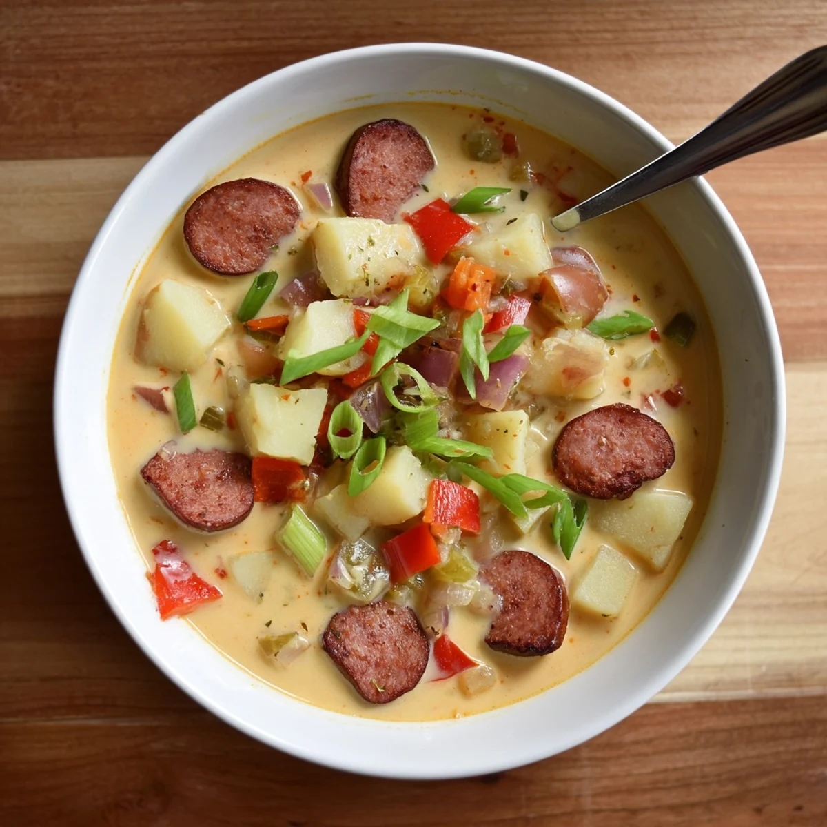 Hearty spicy Cajun potato soup simmered with bold spices, creamy milk, and crispy andouille sausage