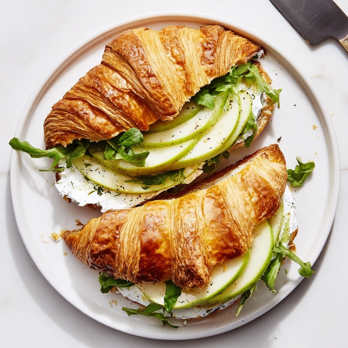 Gourmet breakfast sandwich showcasing tart apple wedges, tangy goat cheese spread, and baby spinach inside croissant