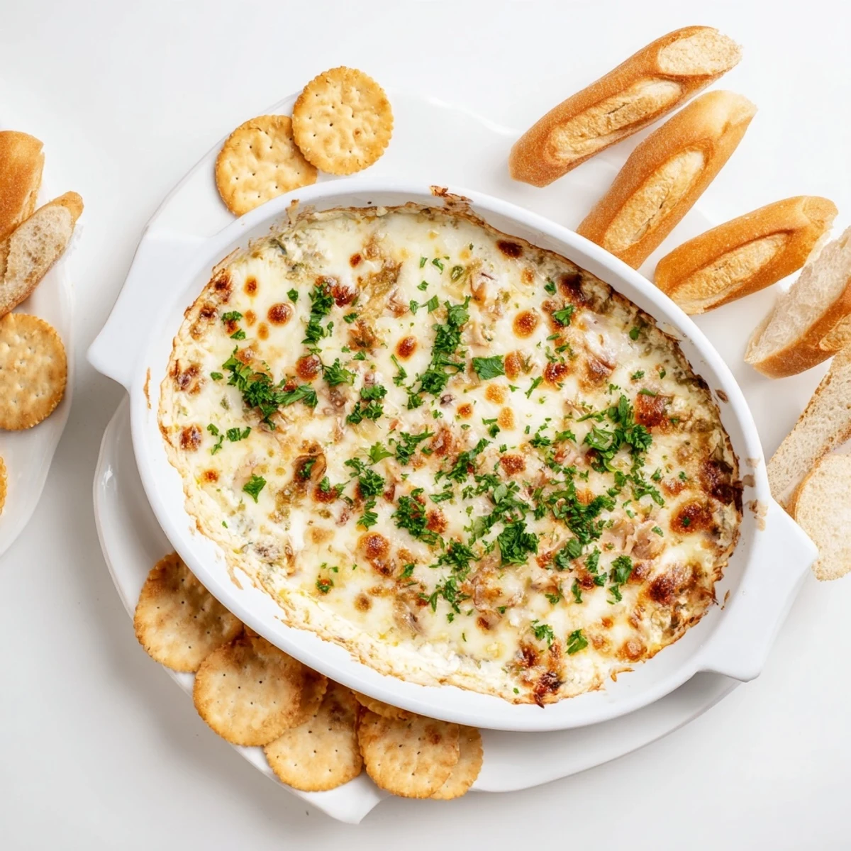 Creamy white pizza dip bubbling with golden melted mozzarella and fresh parsley garnish