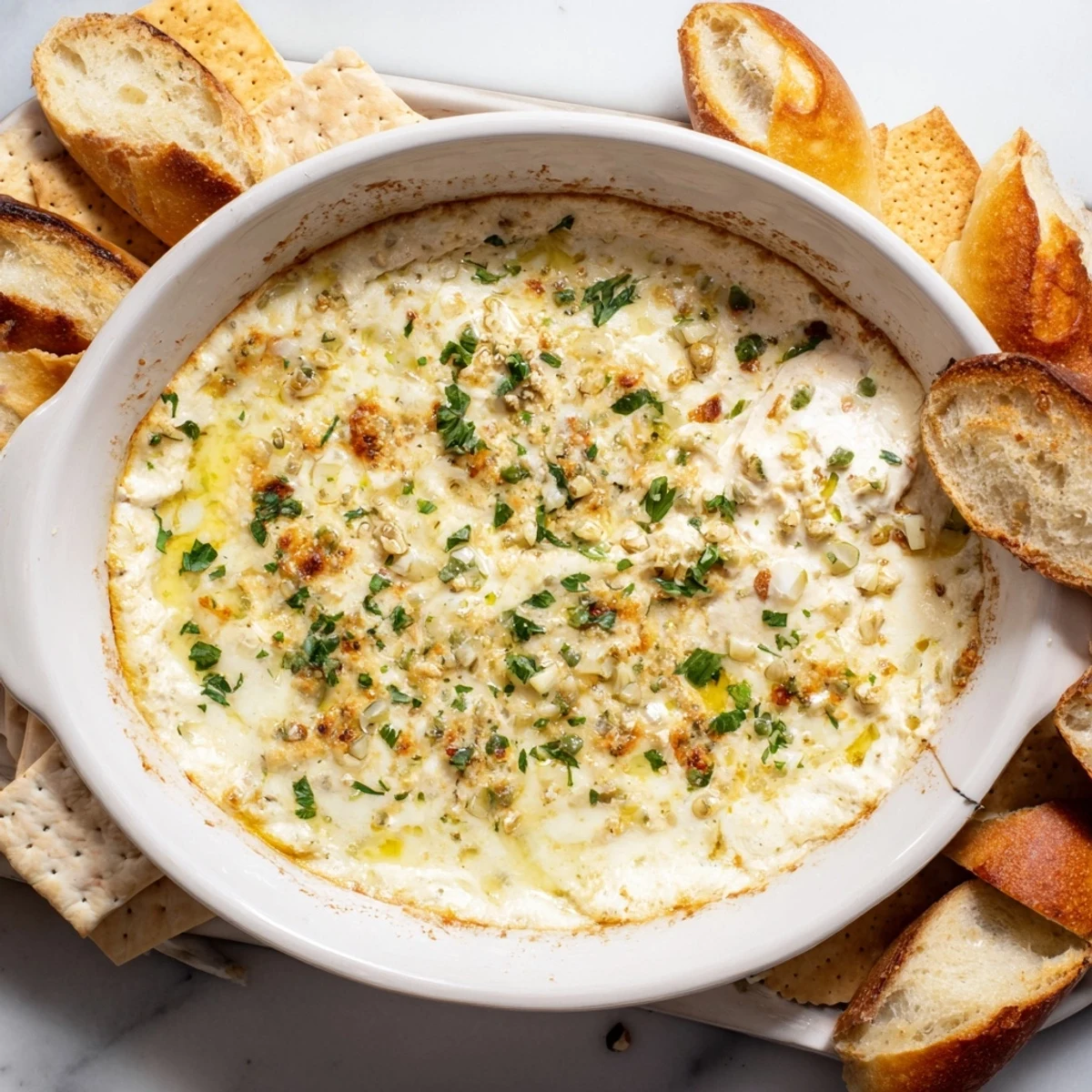 Hot cheesy garlic white pizza dip served with crispy bread slices for party dipping