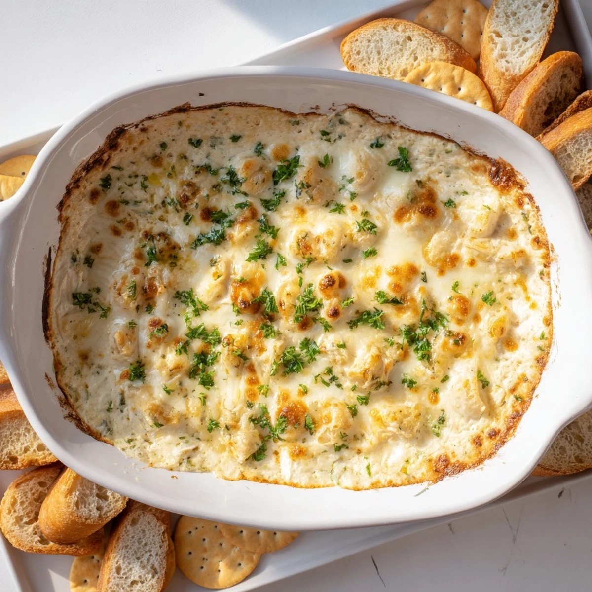 Baked cheesy garlic white pizza dip topped with melted cheese and Italian herbs