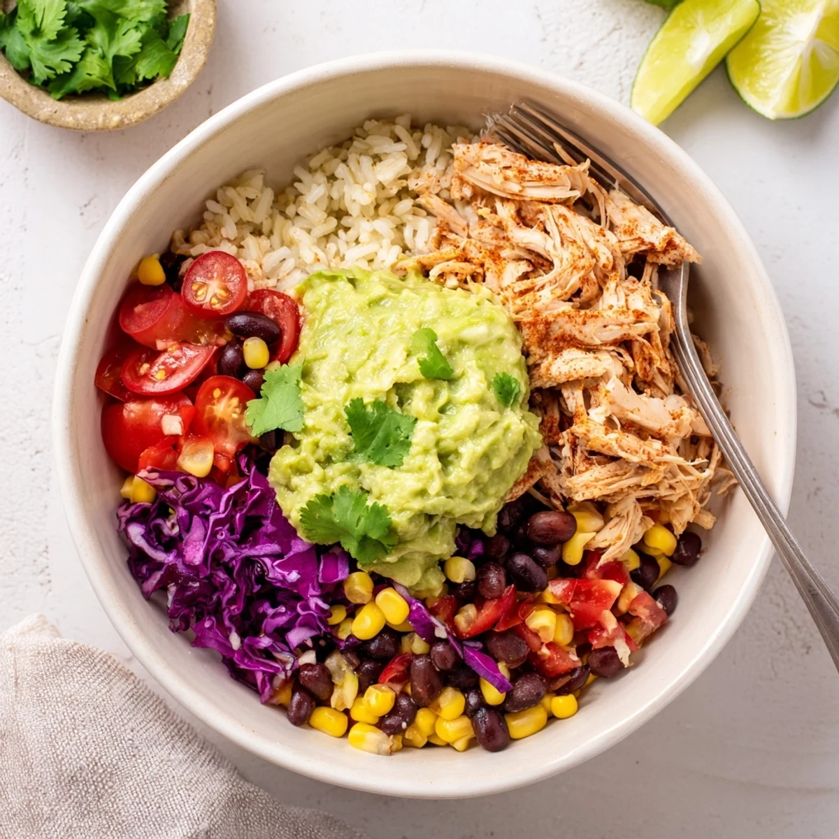 Vibrant Tex-Mex pulled chicken guacamole bowl loaded with fresh vegetables, black beans, and lime over fluffy rice