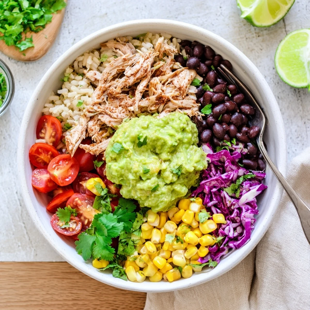 Homemade pulled chicken guacamole bowl featuring shredded spiced chicken, creamy avocado, and colorful corn topping
