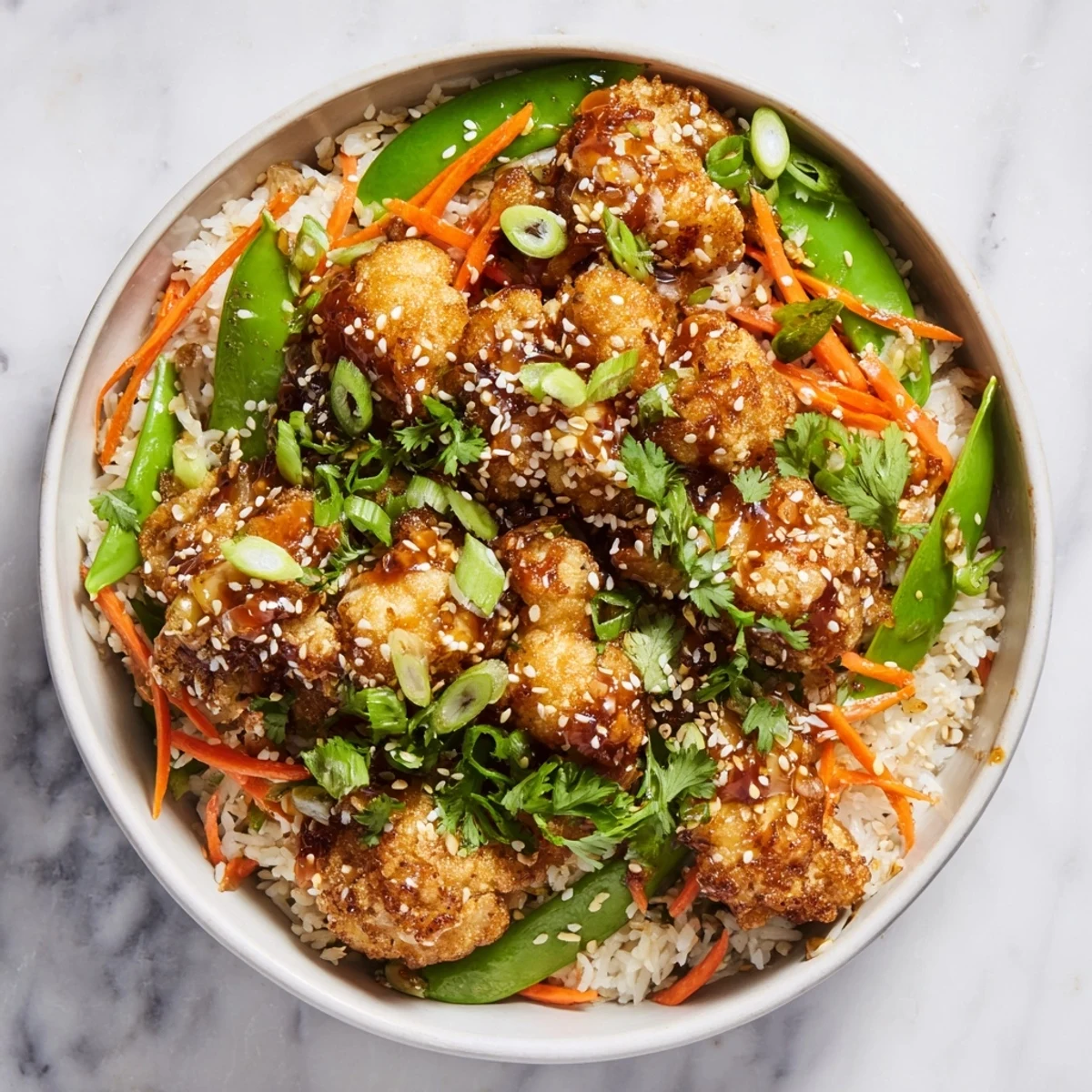 Golden crispy General Tsos cauliflower bowls over fluffy rice with colorful fresh vegetables and sesame seed garnish