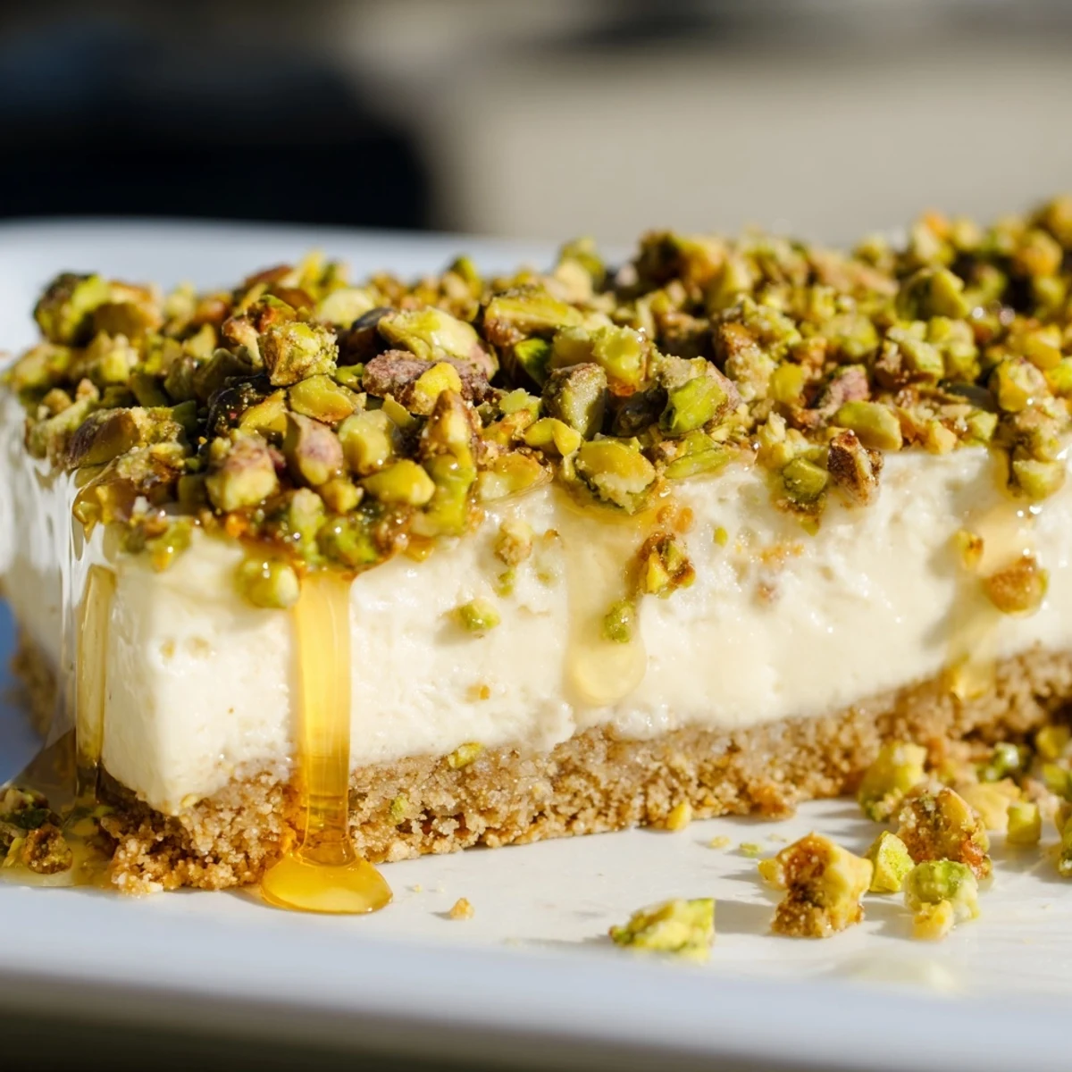 Golden Greek honey pistachio cheesecake bars drizzled with honey and topped with crunchy pistachios on a white plate
