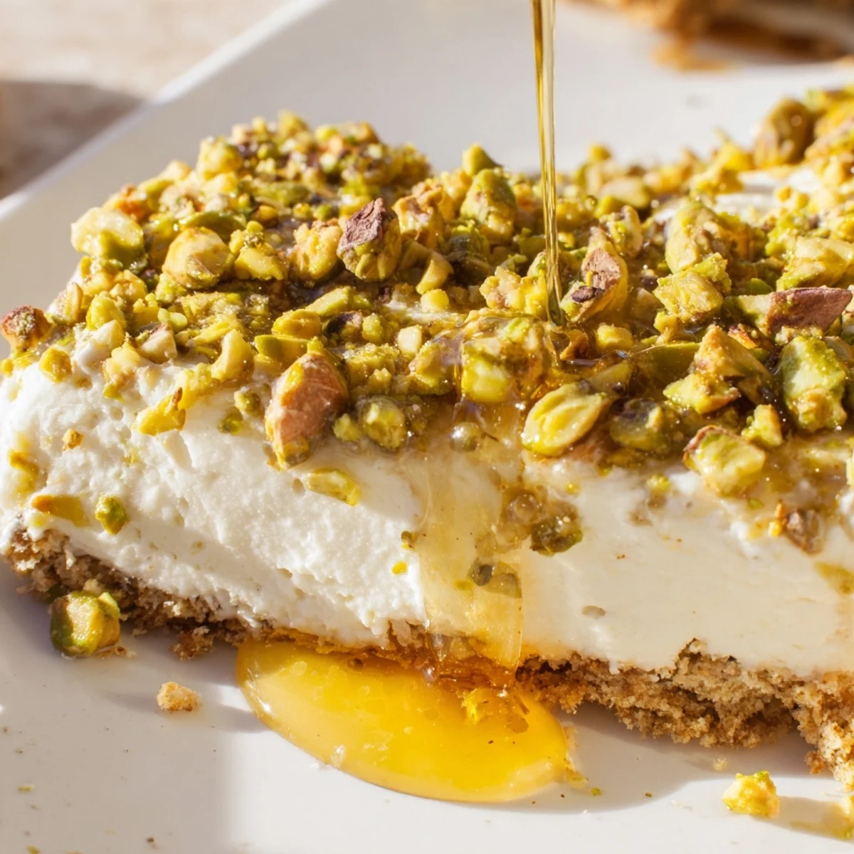 Creamy Greek honey pistachio cheesecake bars with buttery graham crust and golden honey glaze on a marble surface
