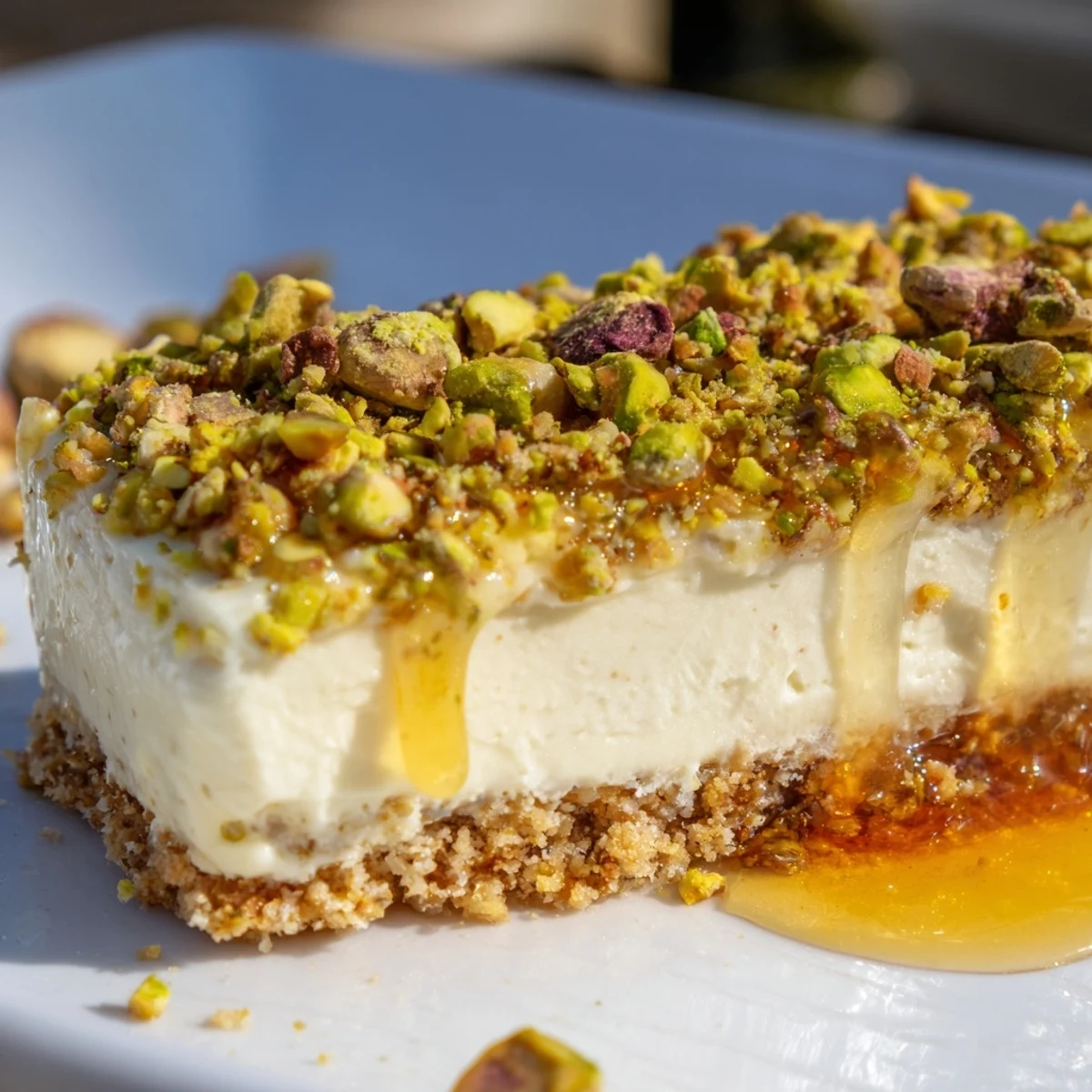 Sliced Greek honey pistachio cheesecake bars showing smooth filling and pistachio crumb crust on a rustic wooden board
