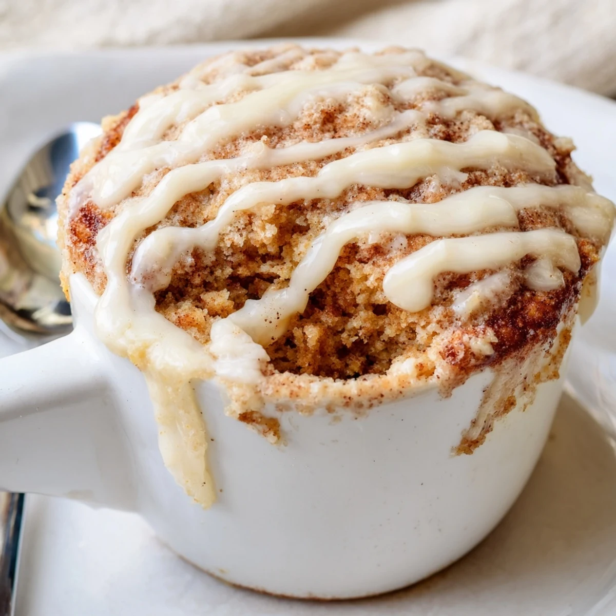 High protein cottage cheese cinnamon roll mug cake with swirl and cream cheese drizzle
