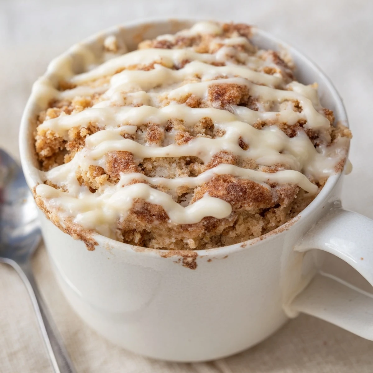 Single-serve cottage cheese cinnamon roll mug cake ready for a quick breakfast