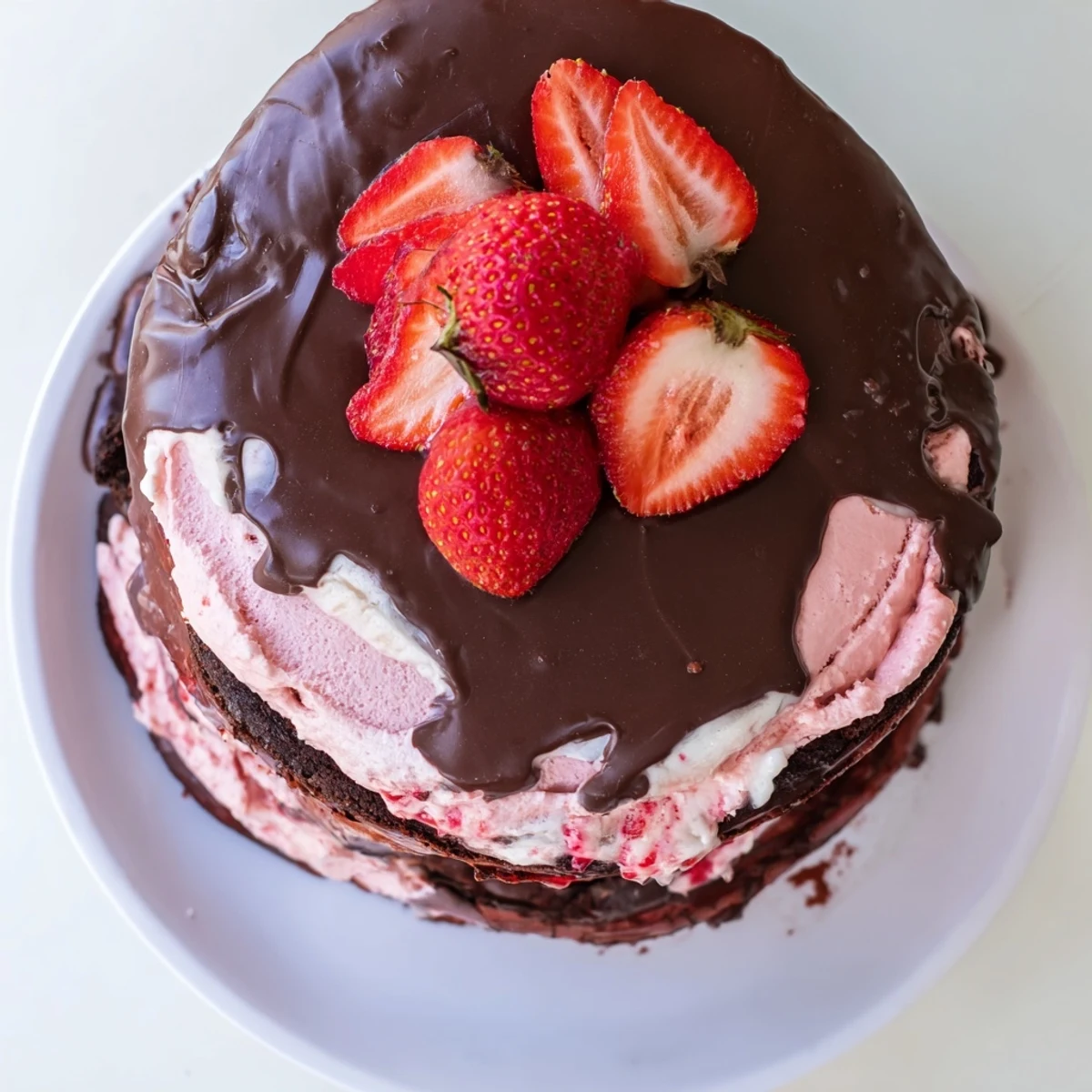 Decadent chocolate covered strawberry ice cream cake with glossy chocolate shell and fresh strawberry halves garnish