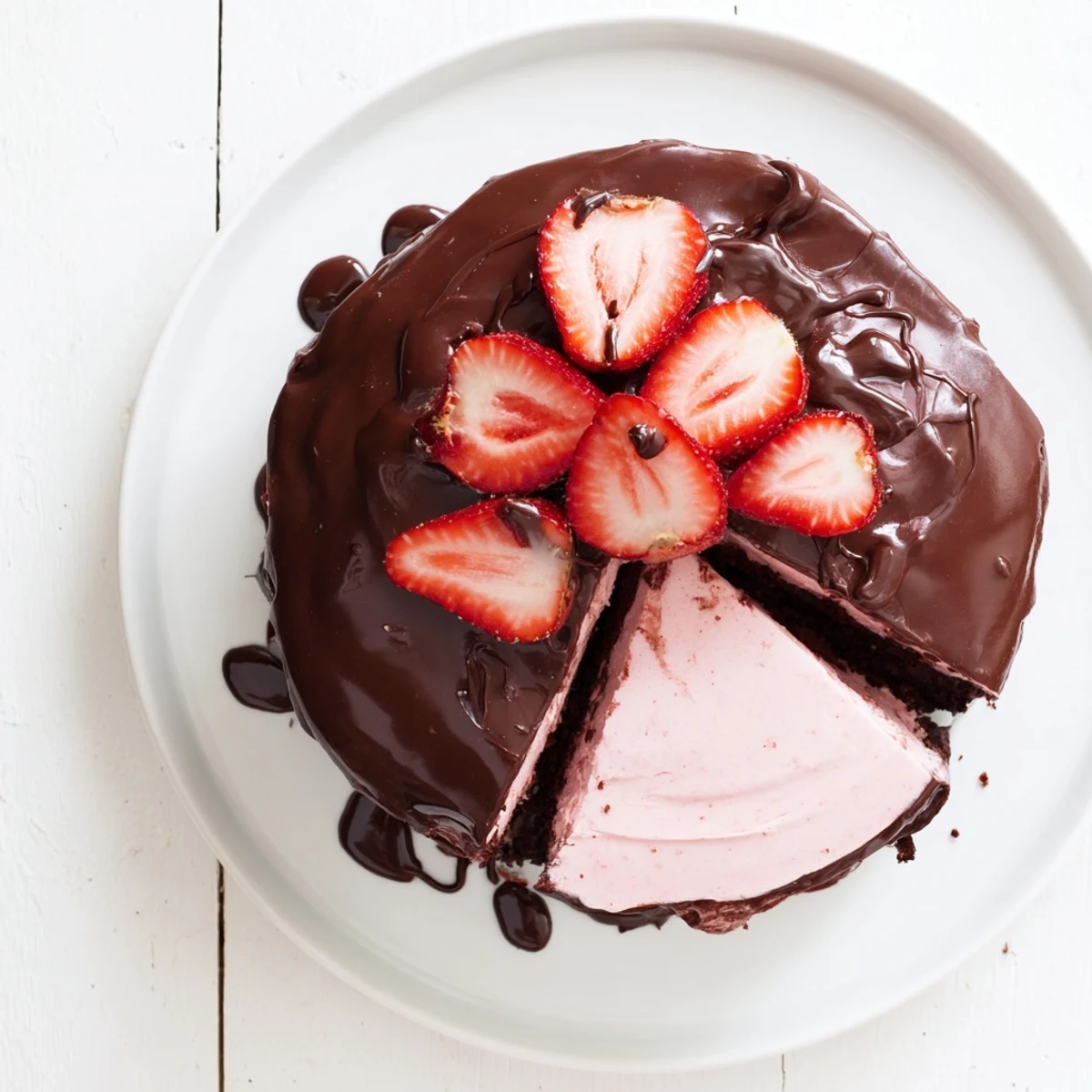 Sliced chocolate covered strawberry ice cream cake revealing layers of fudgy chocolate cake and pink strawberry ice cream