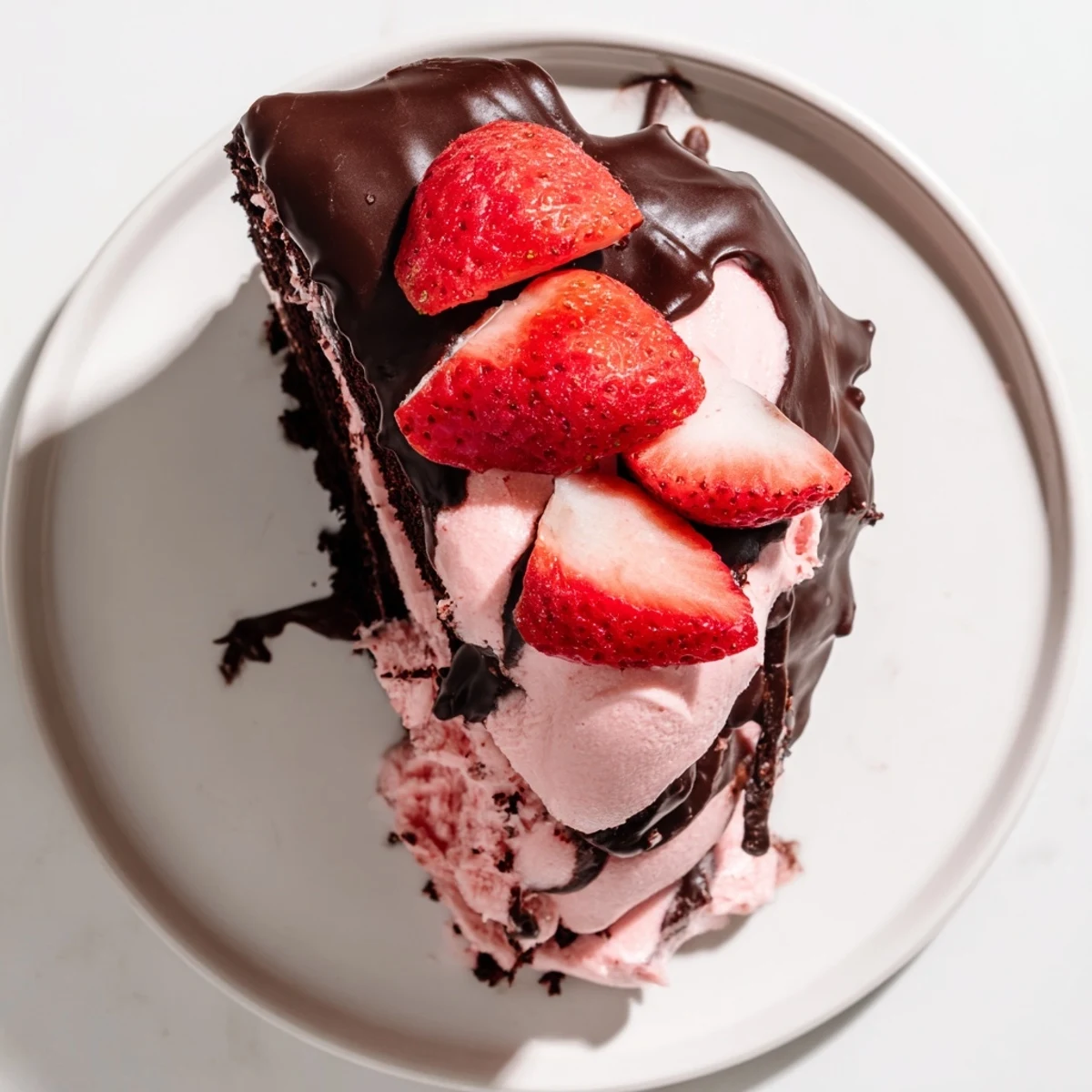 Frozen chocolate covered strawberry ice cream cake plated with dark chocolate drizzle and ripe strawberry topping