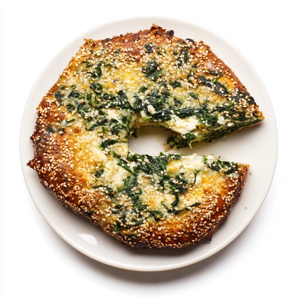Golden brown spinach cottage cheese flagels sprinkled with sesame seeds on a baking sheet