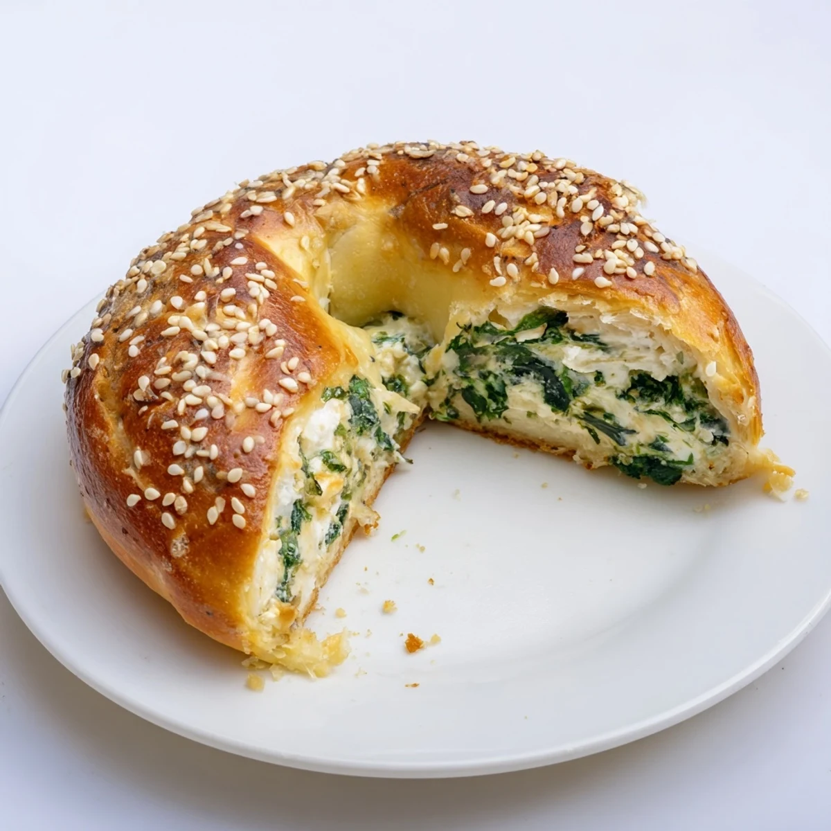 Freshly baked spinach cottage cheese flagels with visible green filling and shiny egg wash top