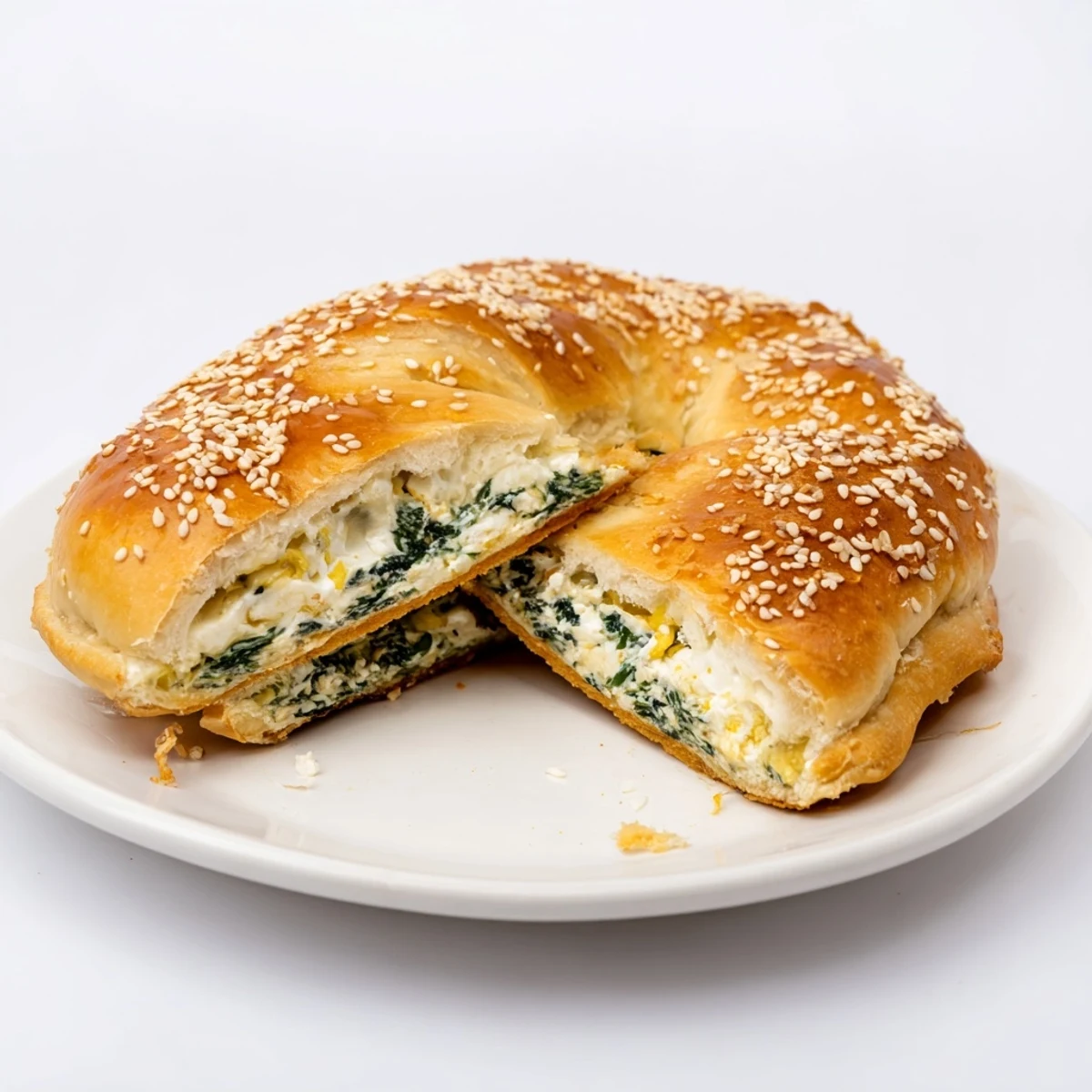 Chewy spinach cottage cheese flagels sliced open revealing creamy spinach and cheese filling inside
