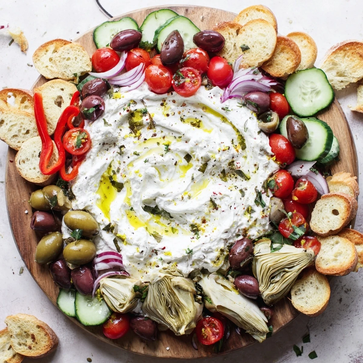Vibrant Mediterranean ricotta board topped with cherry tomatoes olives roasted peppers and crispy toasted crostini
