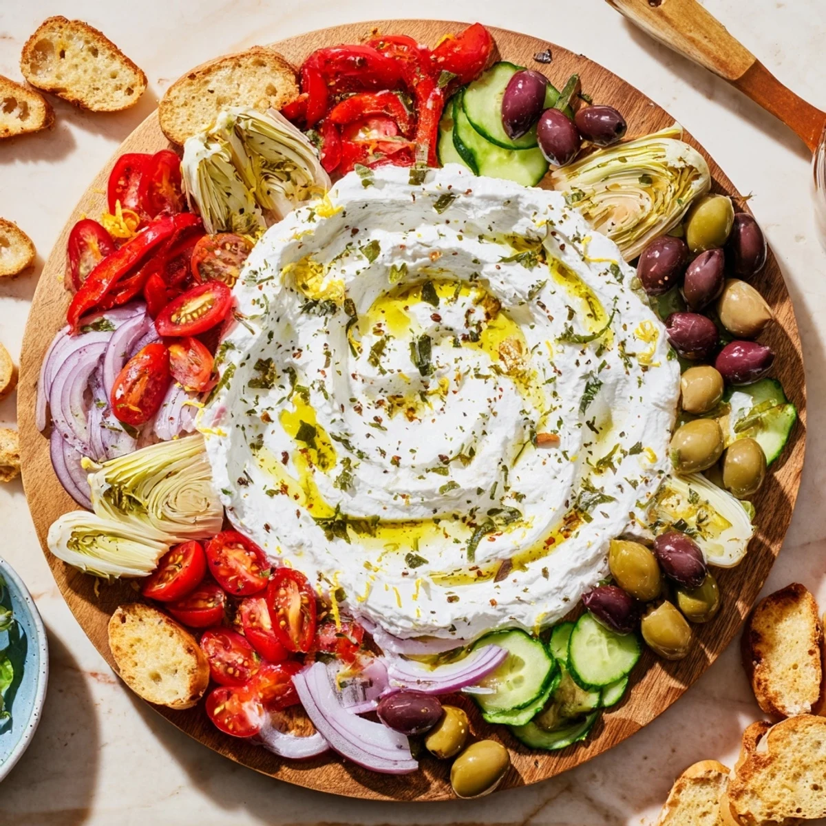 Creamy Mediterranean ricotta board spread with colorful vegetables and fresh herbs on a wooden platter