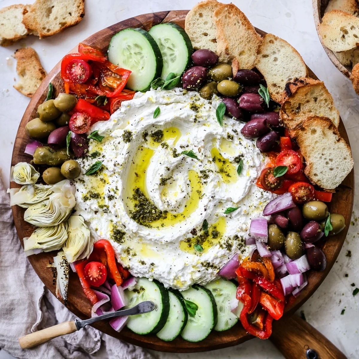 Shareable Mediterranean ricotta cheese board arranged with fresh vegetables lemon zest and toasted baguette slices