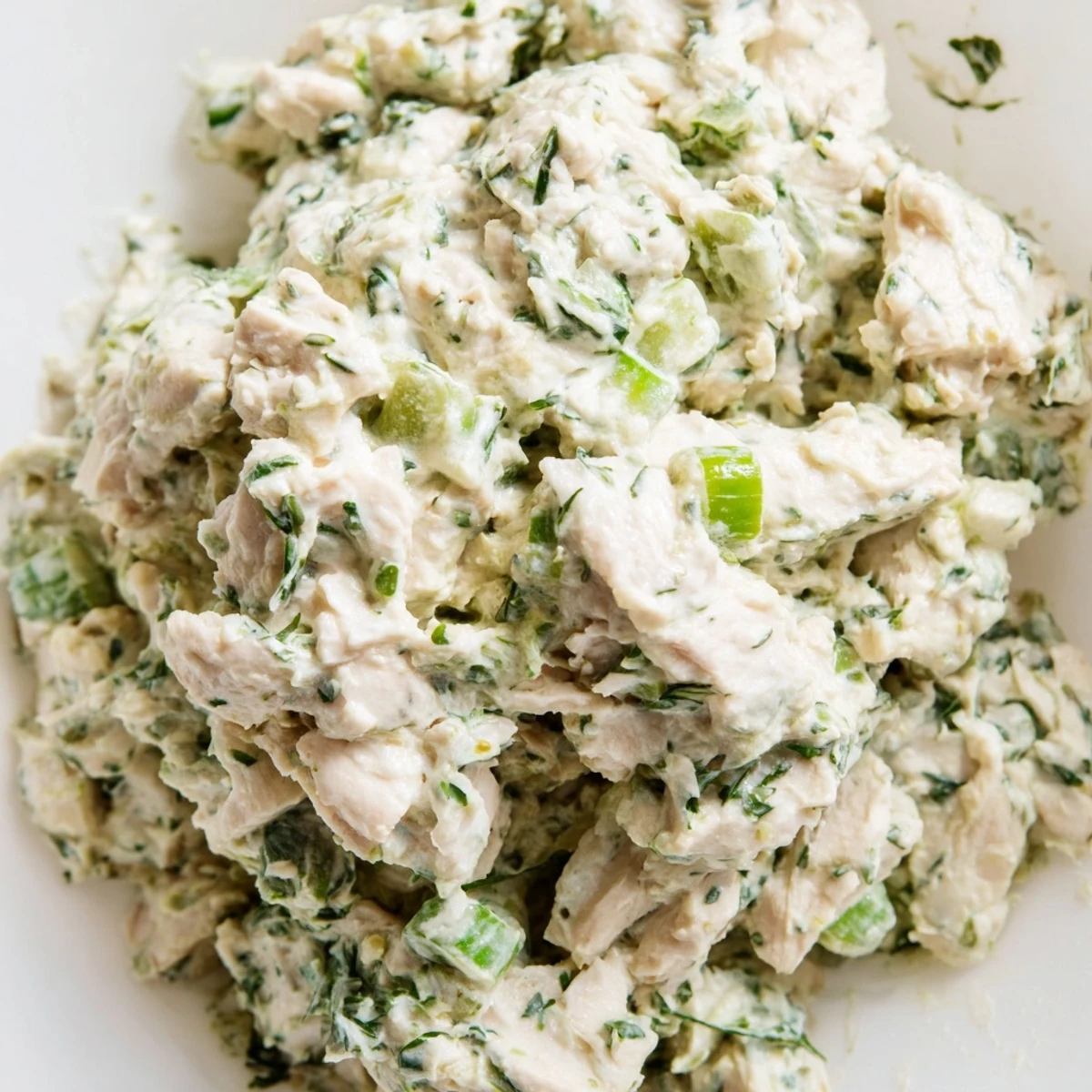 Vibrant herb-packed chicken dip with chopped celery and green onions served with crackers for party appetizers