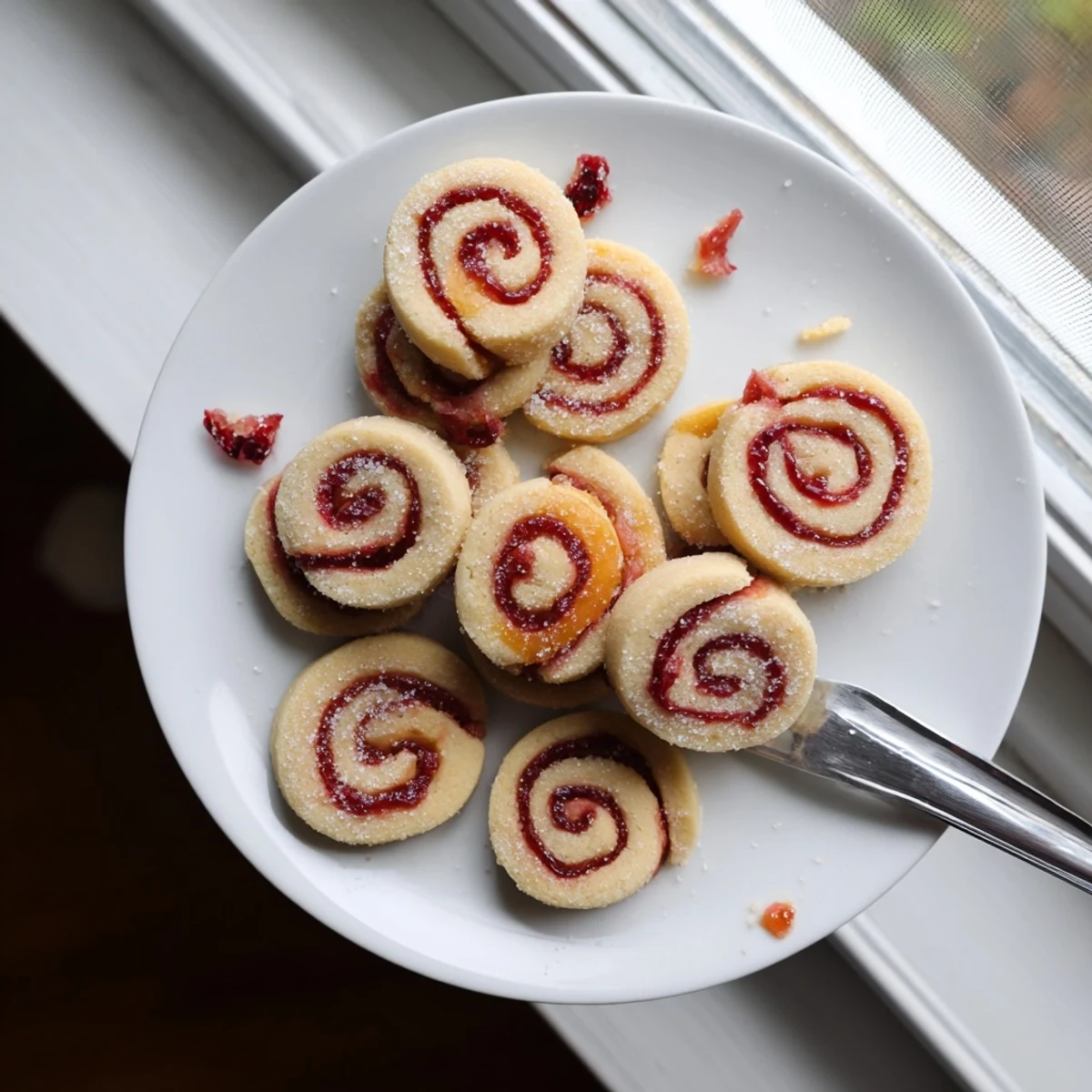 Freshly baked orange cranberry pinwheel cookies displaying spiral patterns and festive cranberry-orange filling