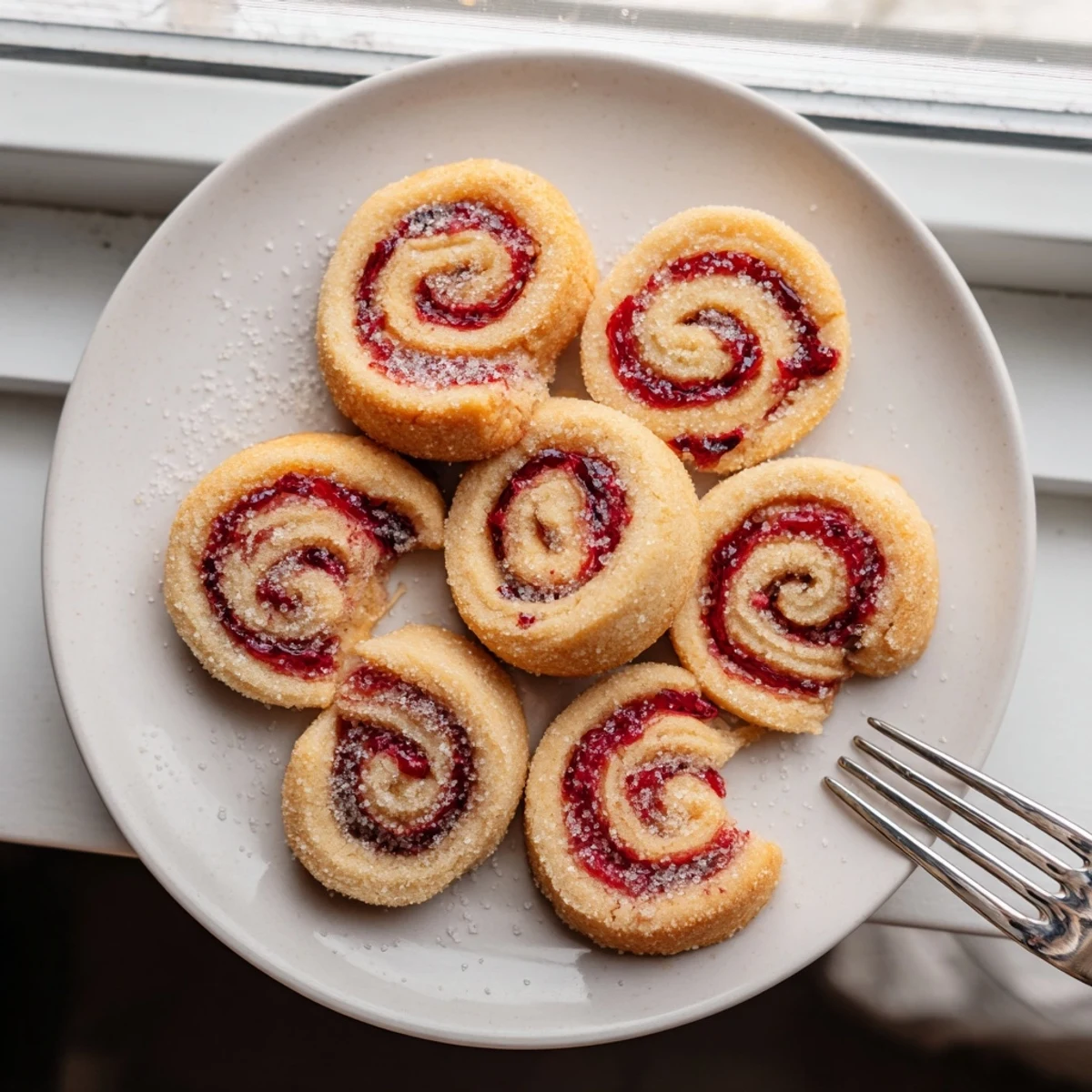 Golden orange cranberry pinwheel cookies with vibrant red swirls on a white baking sheet