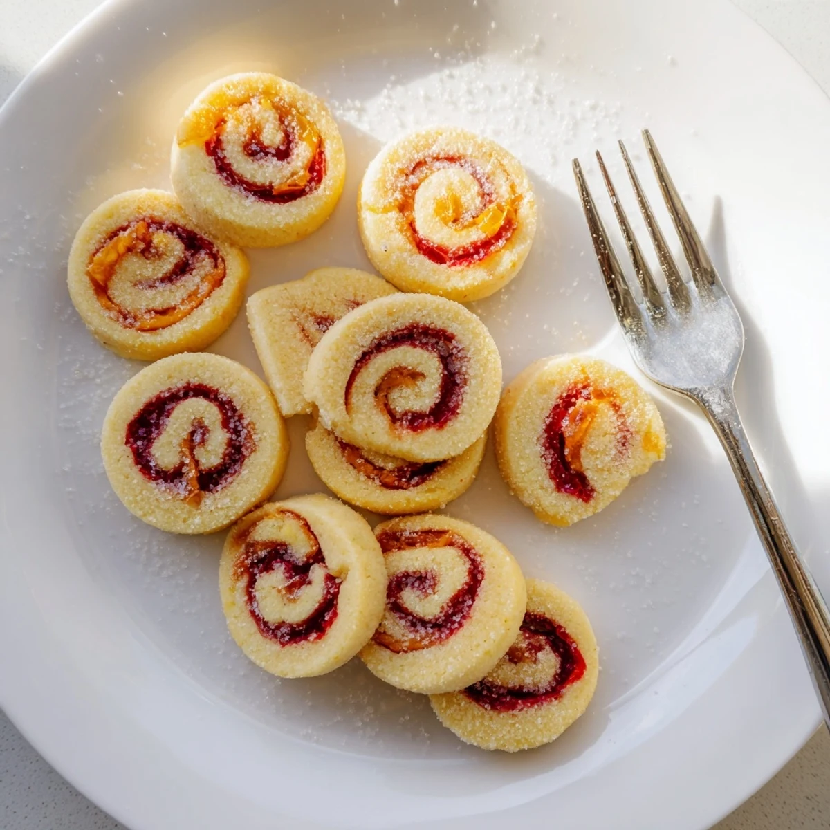 Delicate orange cranberry pinwheel cookies arranged neatly with colorful cranberry centers and golden edges